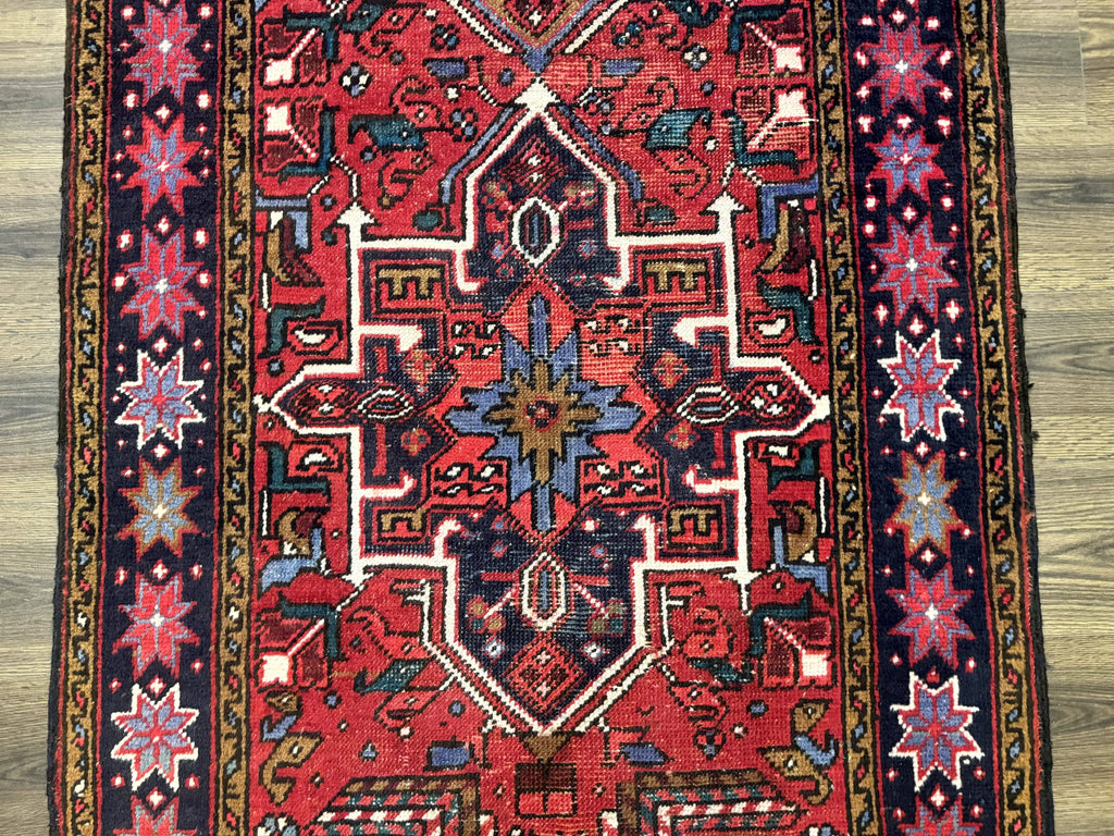 Persian Heriz Karajeh Runner Rug 3.7 x 12, Geometric Medallions, Red and Navy Blue
