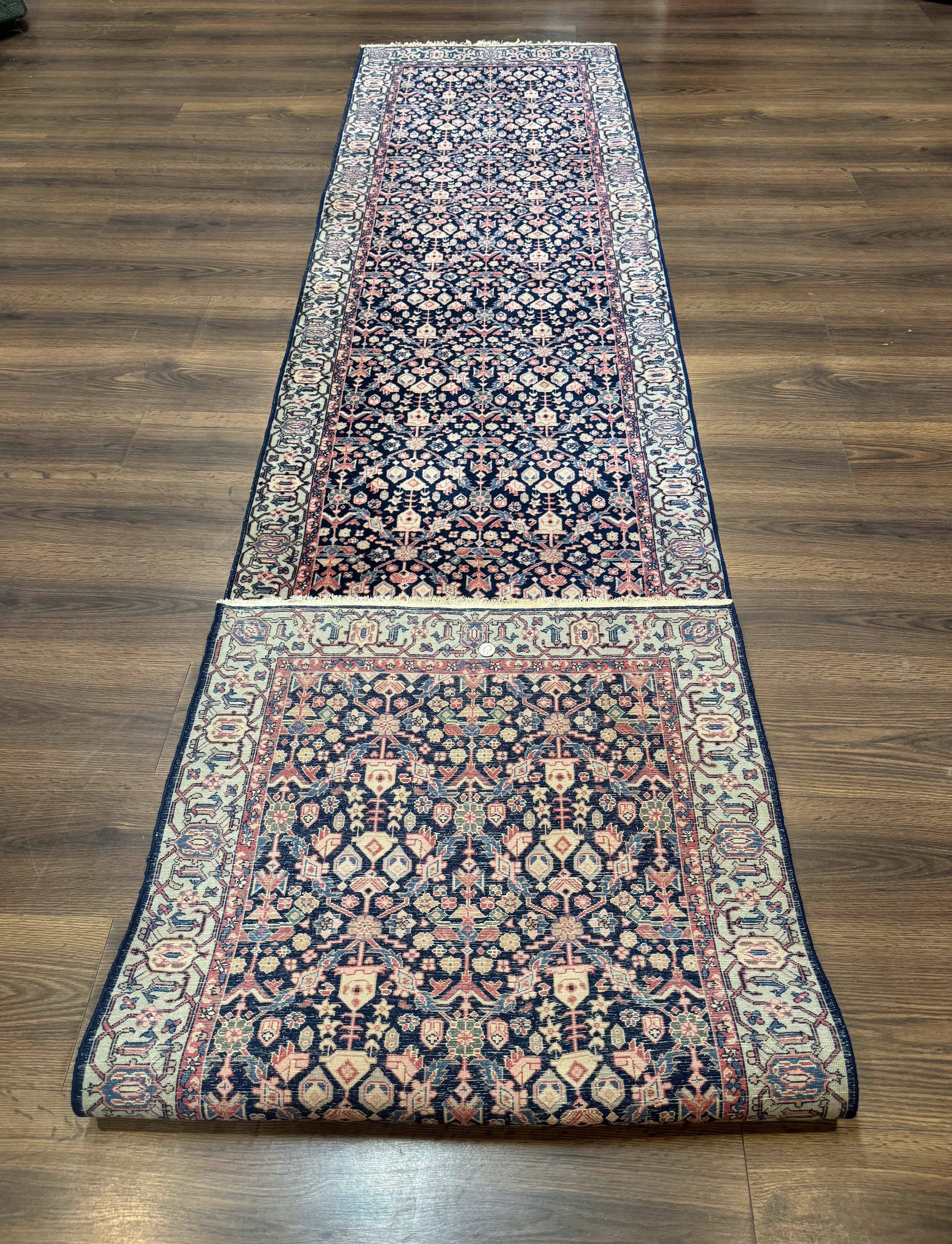 Indo Persian Runner Rug 2.8 x 12, Navy Blue, Floral, Fine 270 KPSI