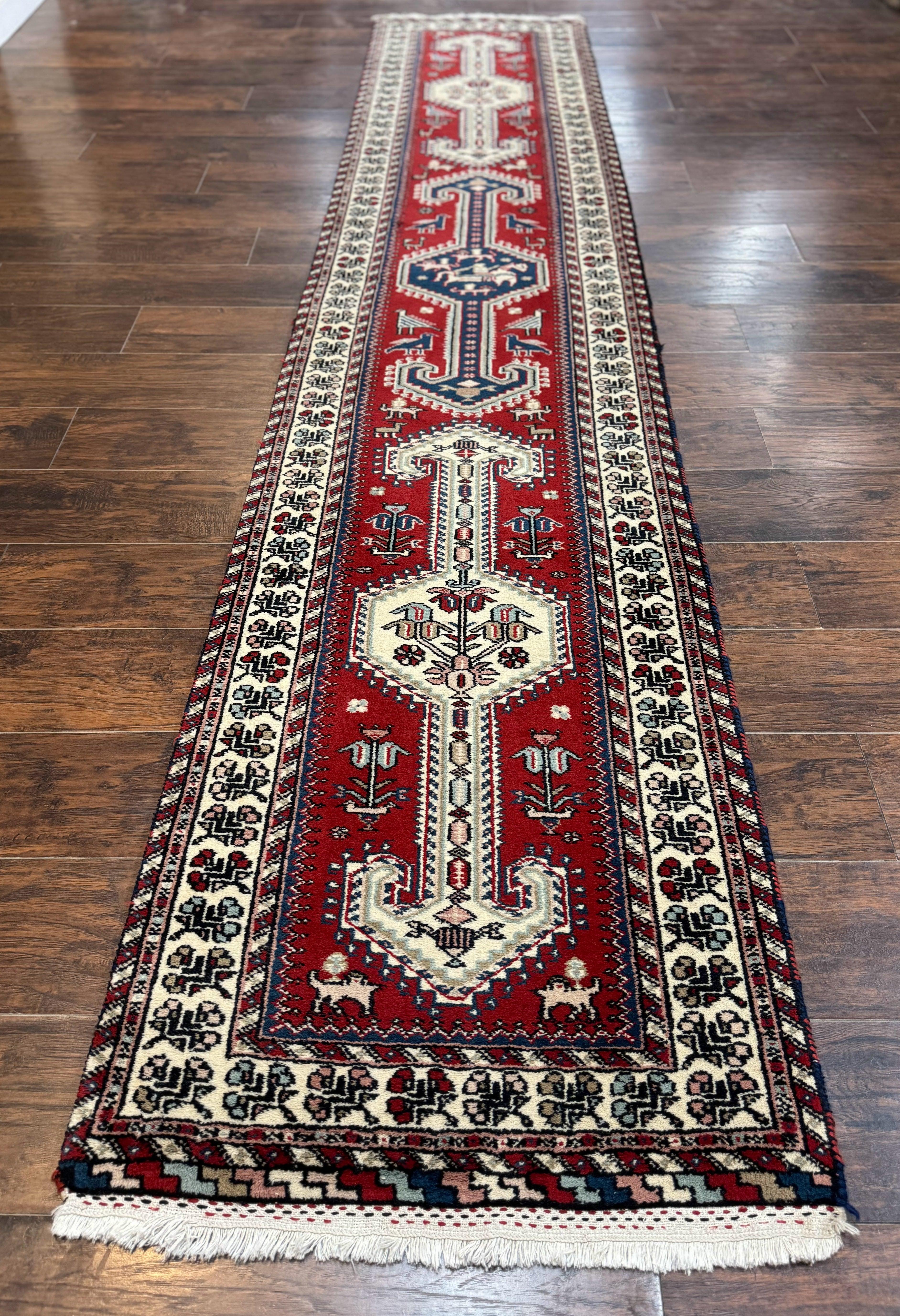 Indo Persian Runner Rug 2.6 x 12, Heriz Geometric Caucasian Design, Animal Pictorials, Tribal Runner Rug, Vintage Handmade Wool Red