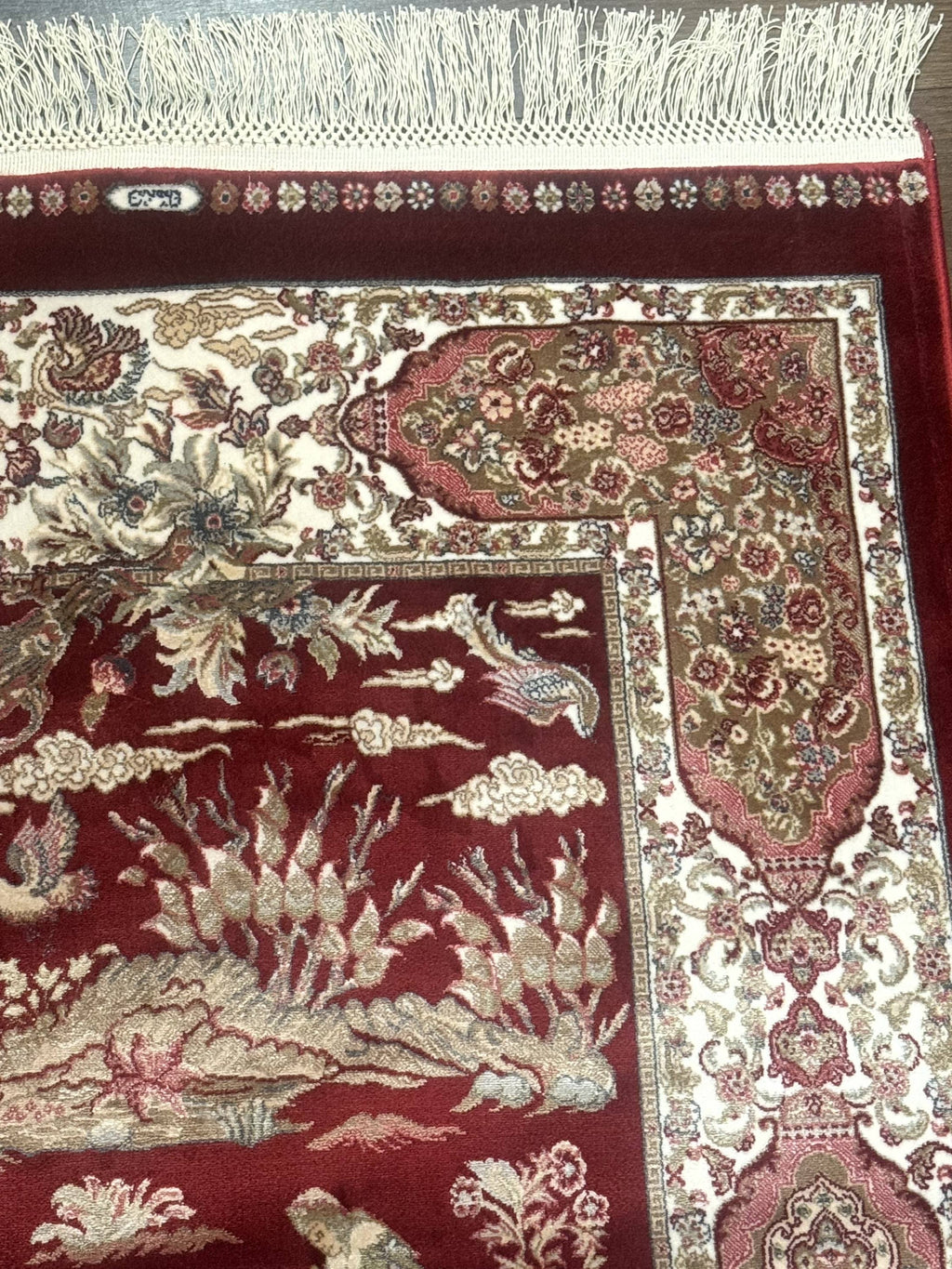 Turkish Silk Rug 2.6 x 6.7, Hunting Design, Short Runner Rug, Red & Ivory, Bamboo Silk, New