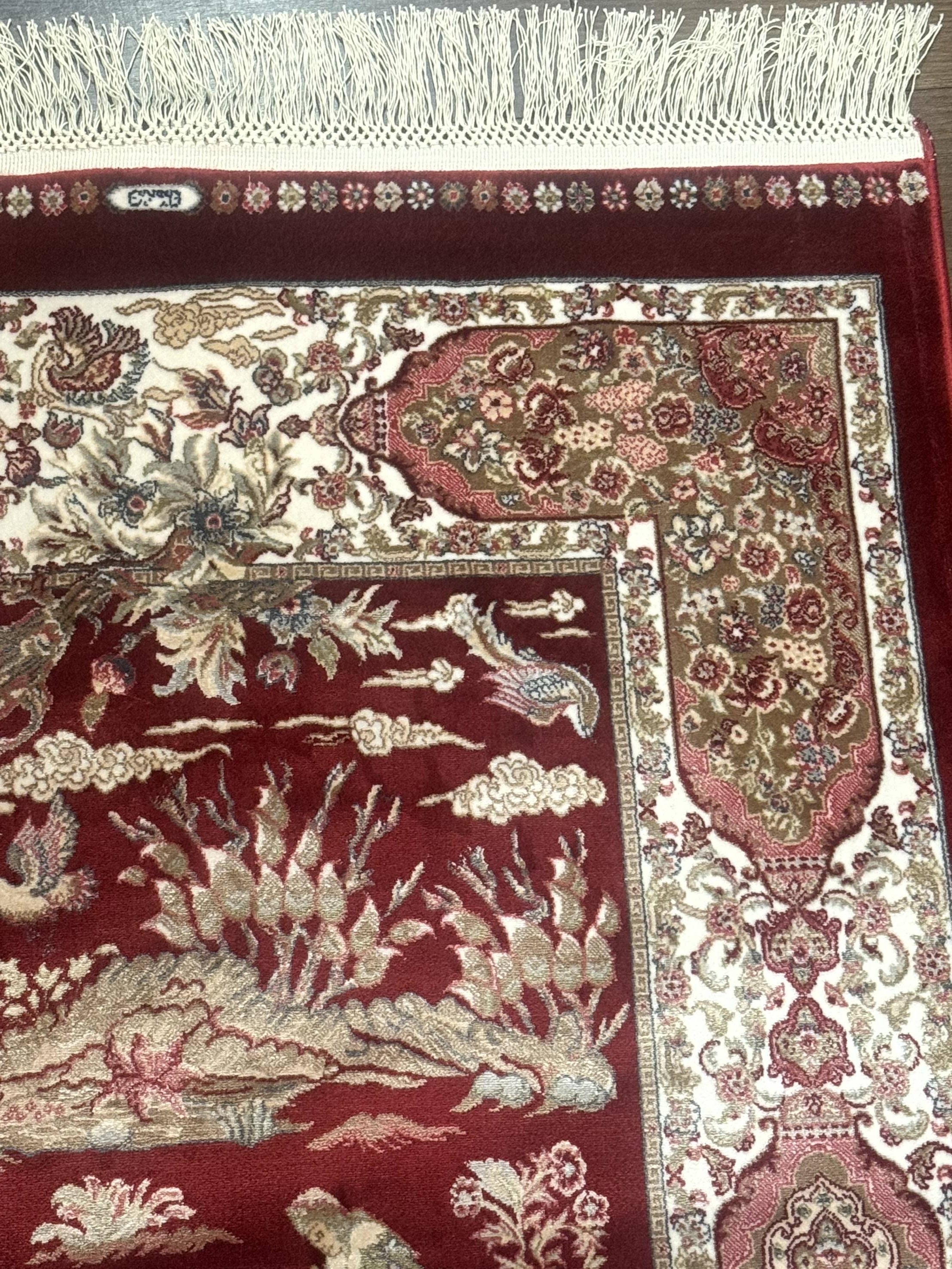 Turkish Silk Rug 2.6 x 6.7, Hunting Design, Short Runner Rug, Red & Ivory, Bamboo Silk, New