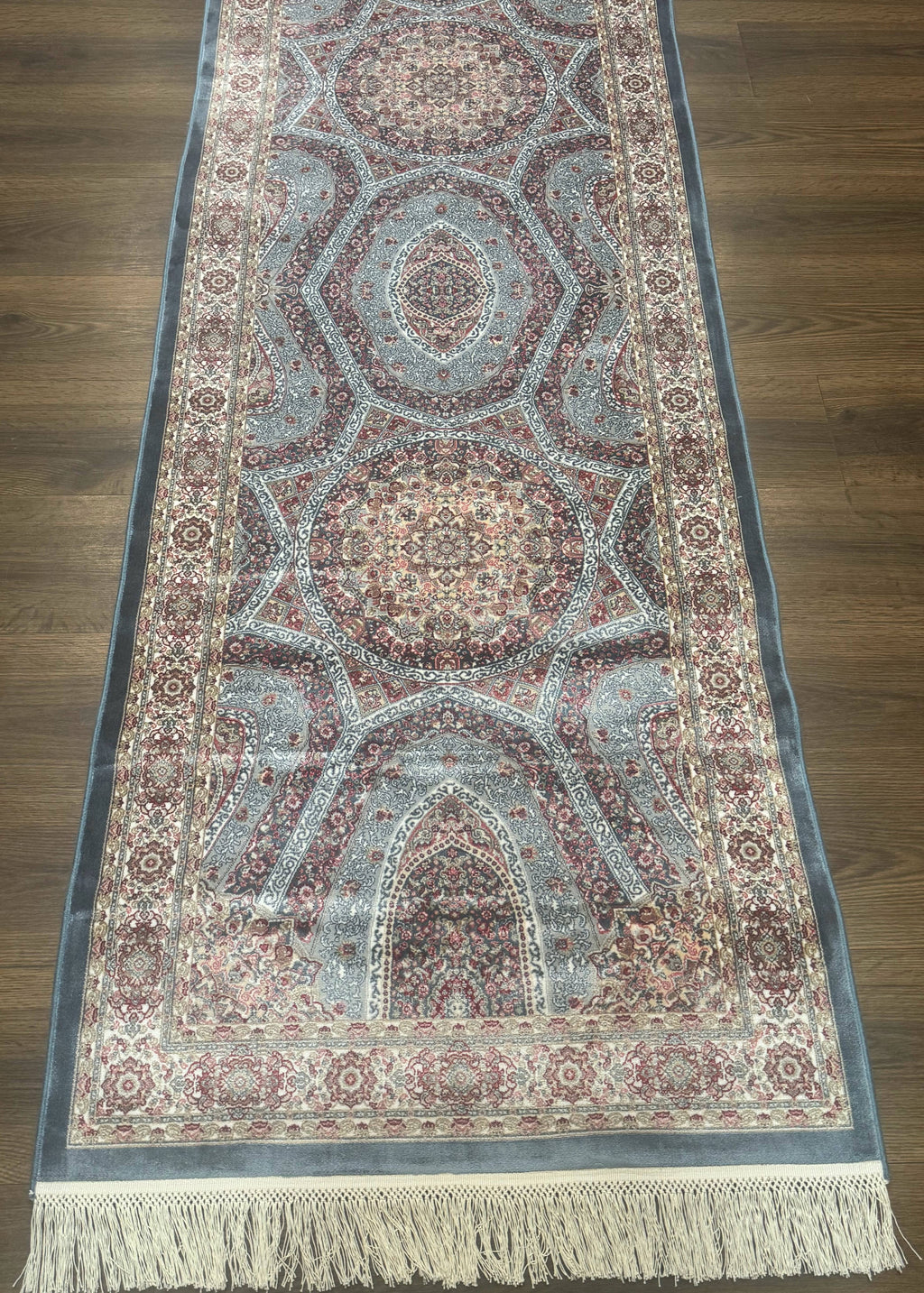 Turkish Silk Runner Rug 2.6 x 13, Blue Runner Rug, Dome Design, Bamboo Silk, New