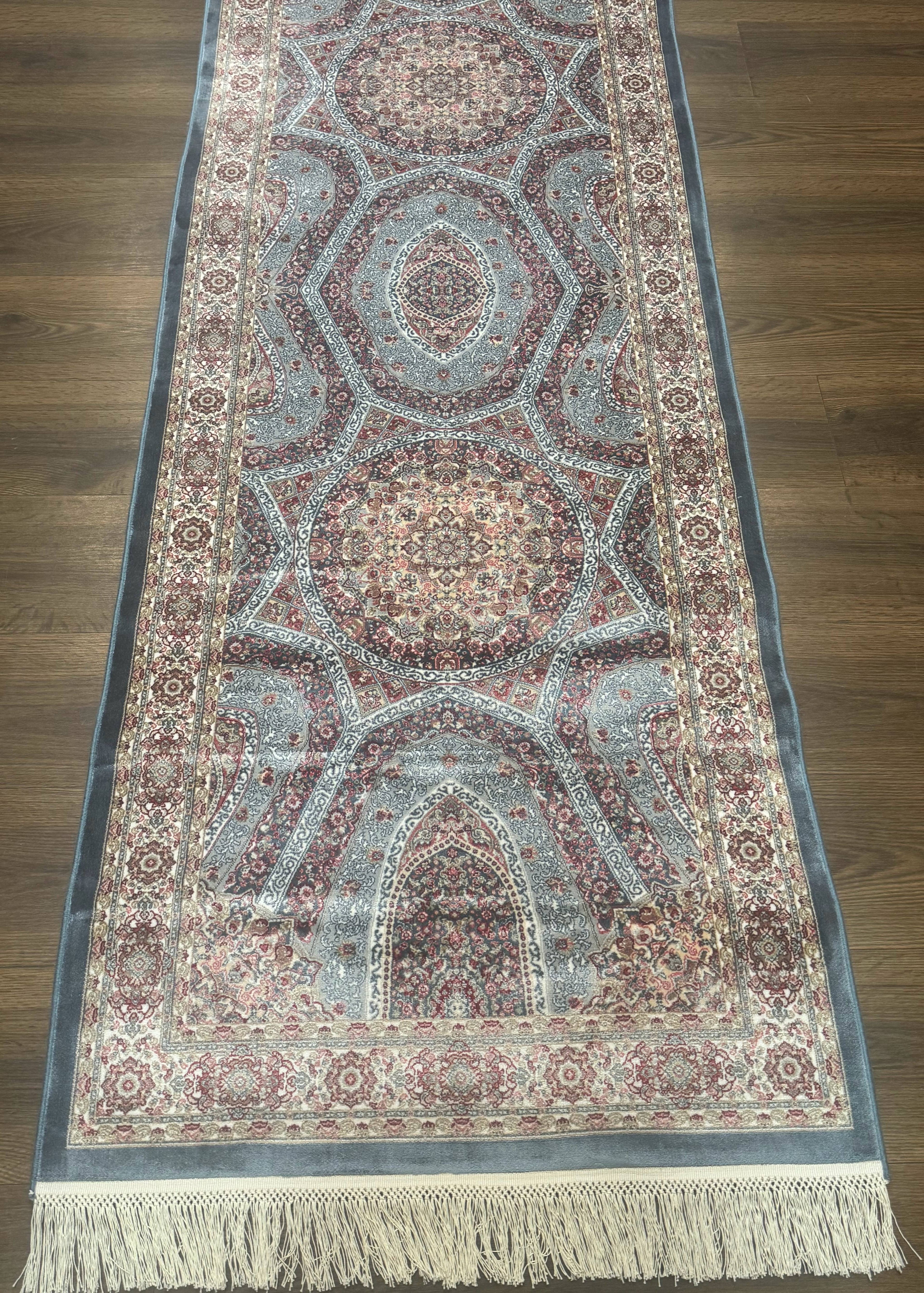 Turkish Silk Runner Rug 2.6 x 13, Blue Runner Rug, Dome Design, Bamboo Silk, New