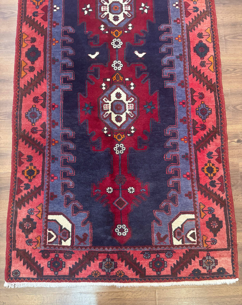 Persian Karajeh Runner Rug 3.6 x 9.5, Geometric Medallions, Tribal Village Rug, Navy Blue, Handmade