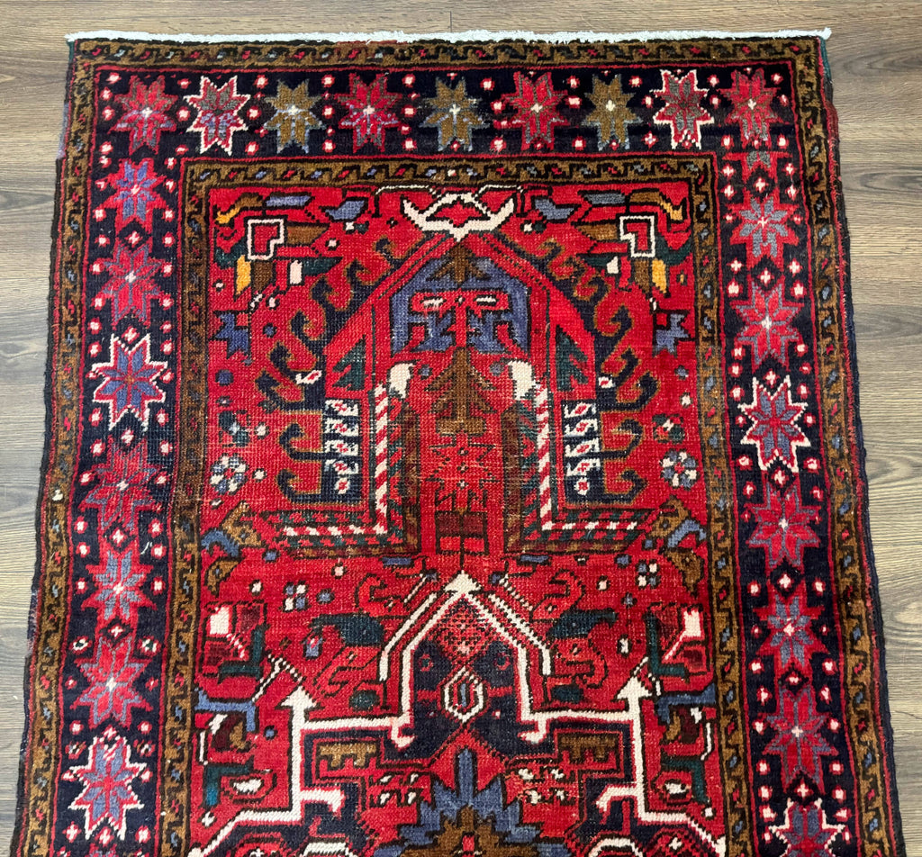 Persian Heriz Karajeh Runner Rug 3.7 x 12, Geometric Medallions, Red and Navy Blue
