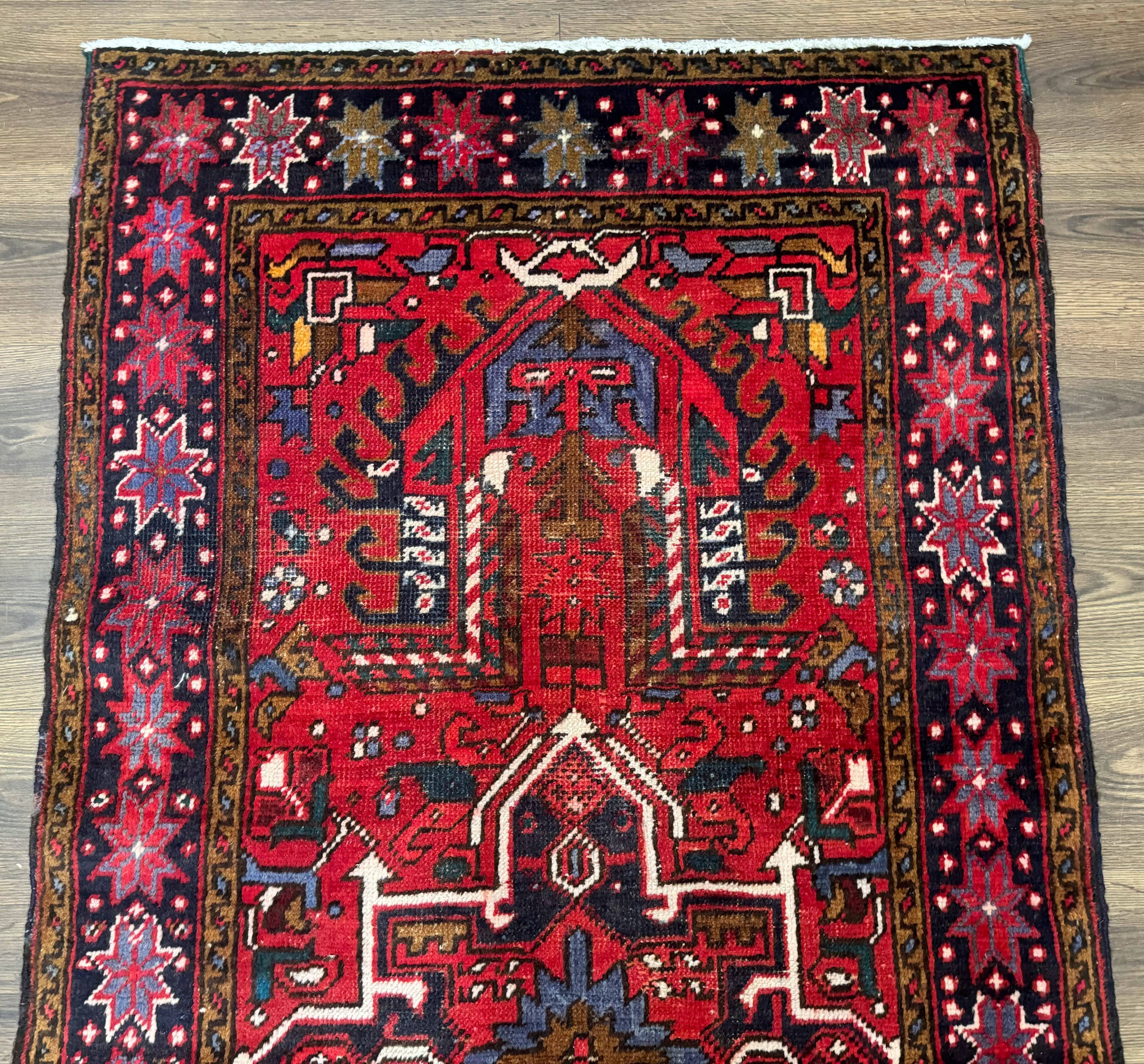 Persian Heriz Karajeh Runner Rug 3.7 x 12, Geometric Medallions, Red and Navy Blue