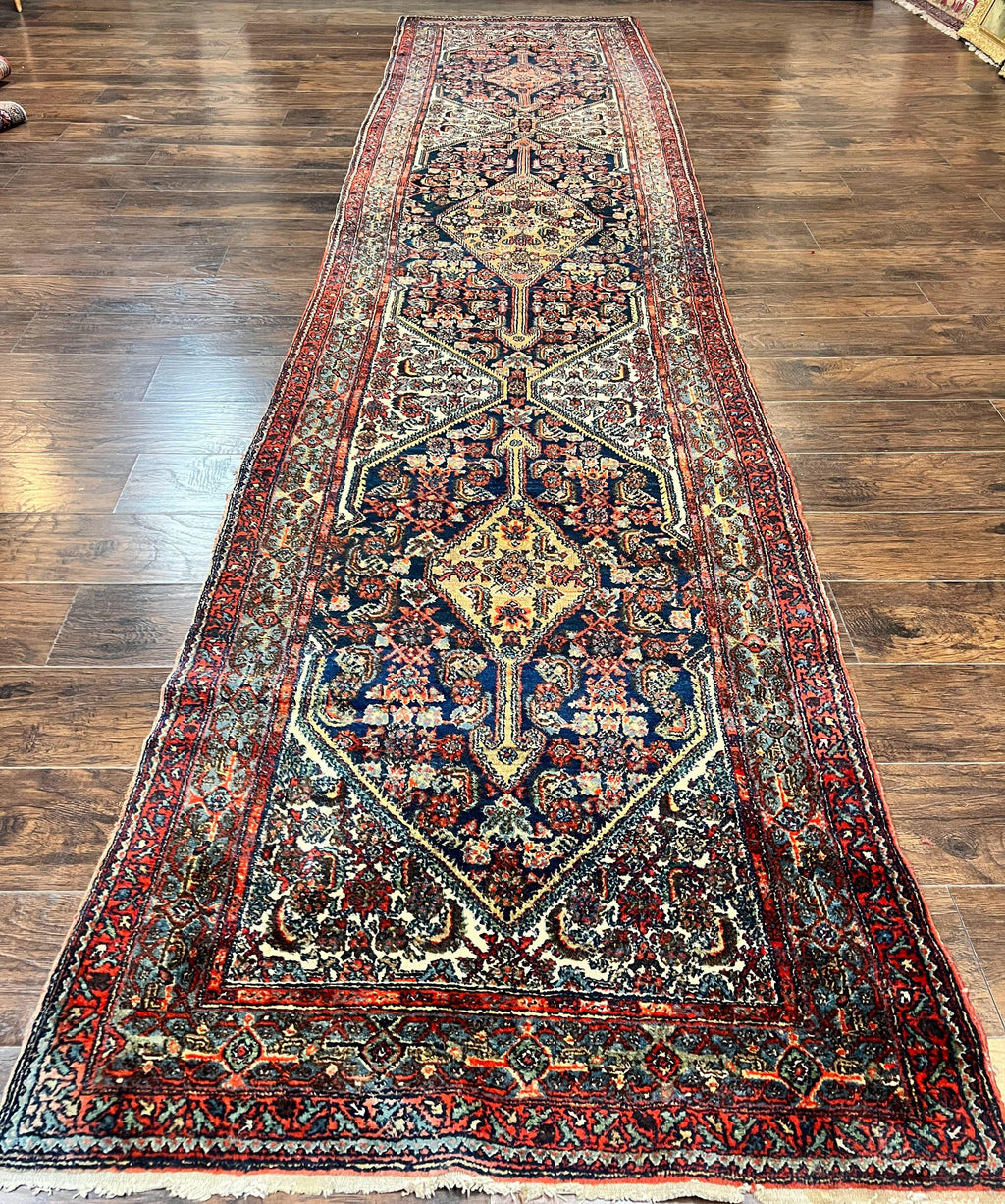 Antique Persian Runner Rug 3.7 x 15.8, Navy Blue Multicolor, Hand Knotted Handmade Wool Rug for Hallway, Geometric Medallions, Persian Hamadan Rug