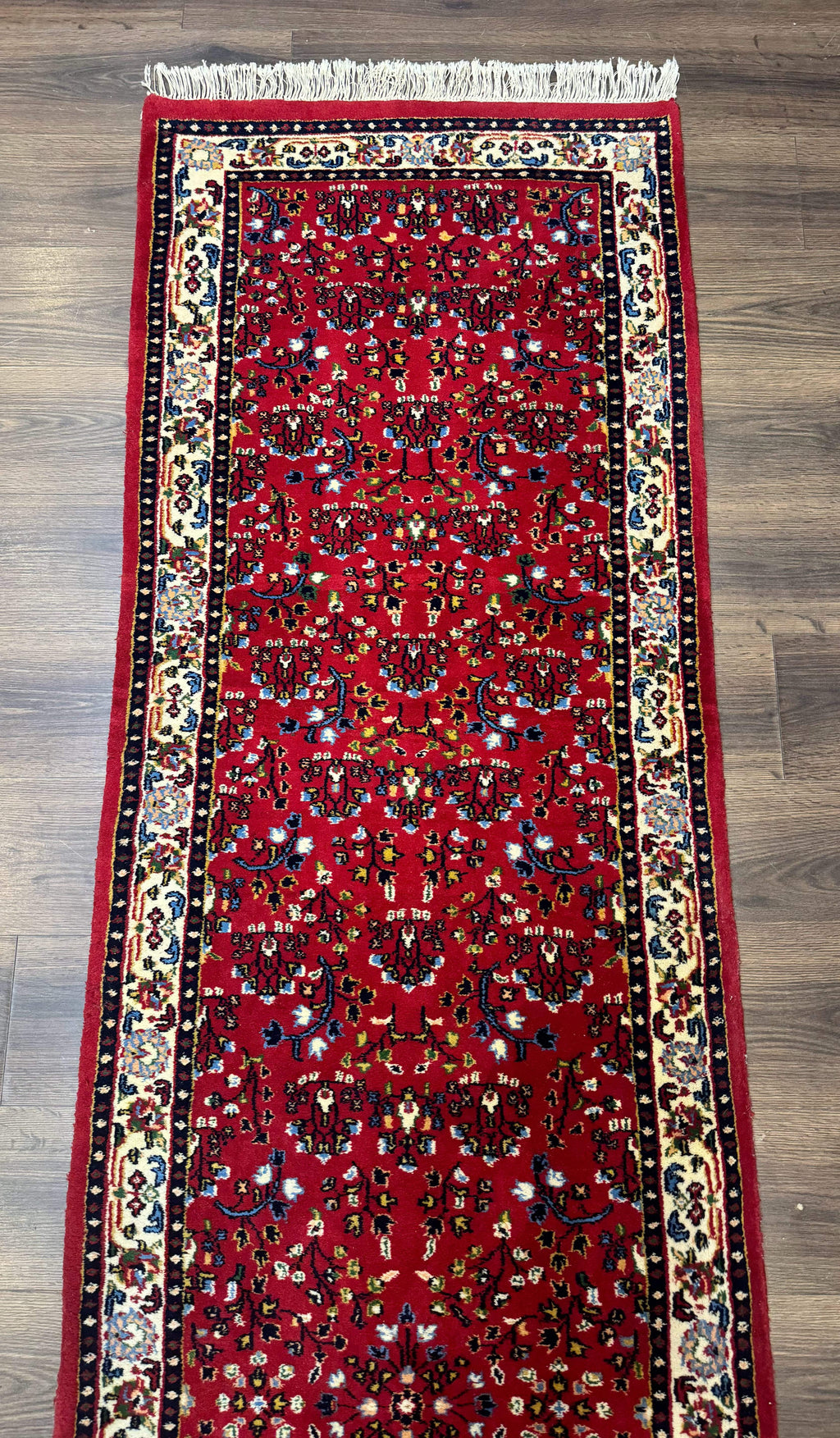 Indo Persian Sarouk Runner Rug 3 x 12, Red and Cream, Allover Pattern, 12ft Runner, Hand Knotted