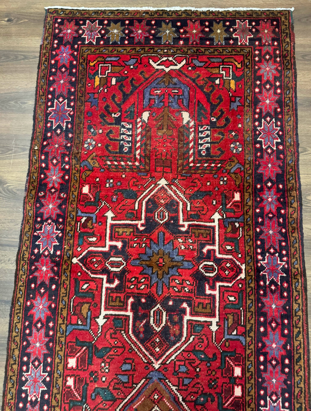 Persian Heriz Karajeh Runner Rug 3.7 x 12, Geometric Medallions, Red and Navy Blue