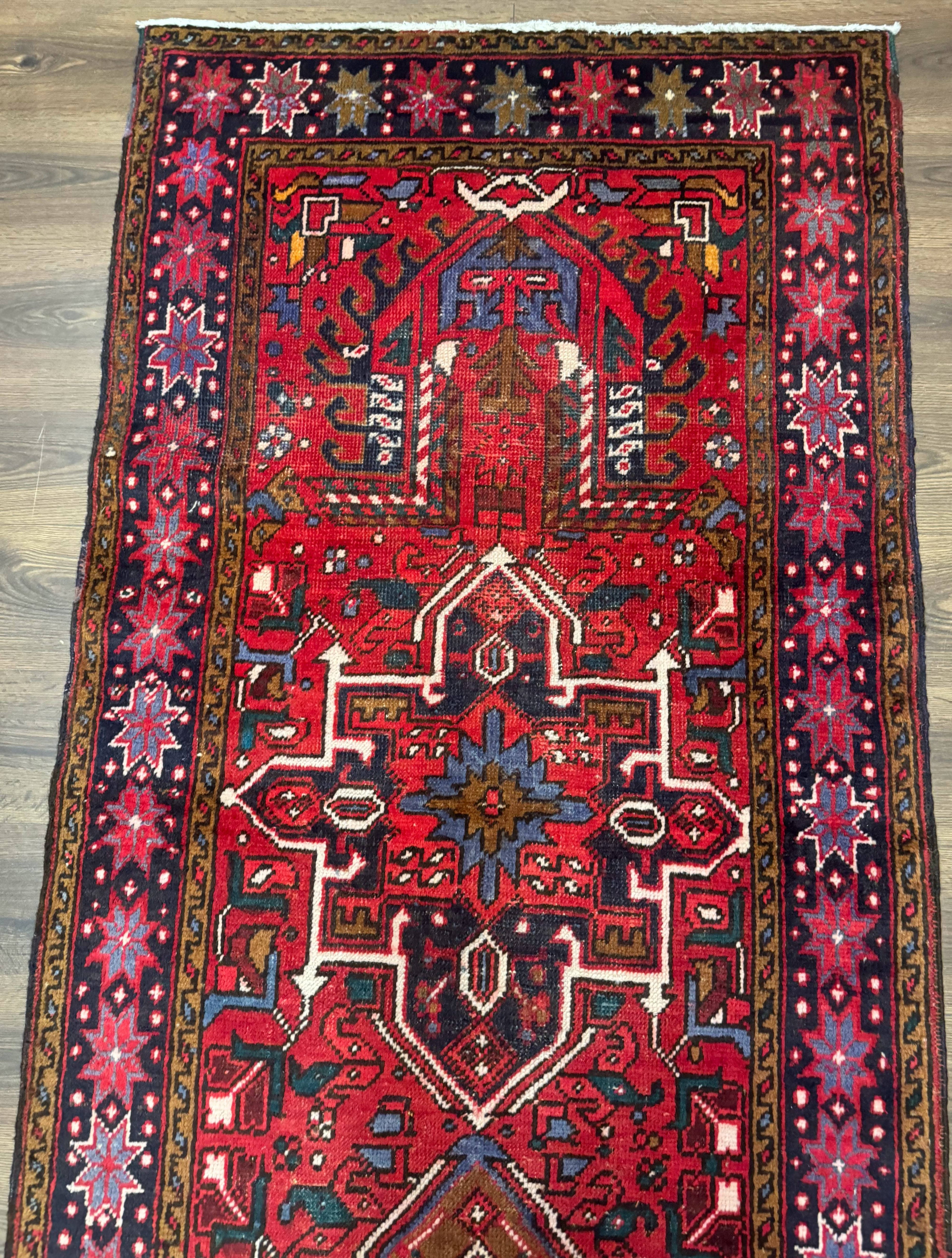 Persian Heriz Karajeh Runner Rug 3.7 x 12, Geometric Medallions, Red and Navy Blue