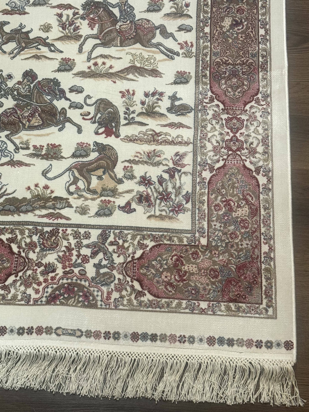 Turkish Silk Runner Rug 2.6 x 8, Hunting Design, Ivory, Bamboo Silk, New