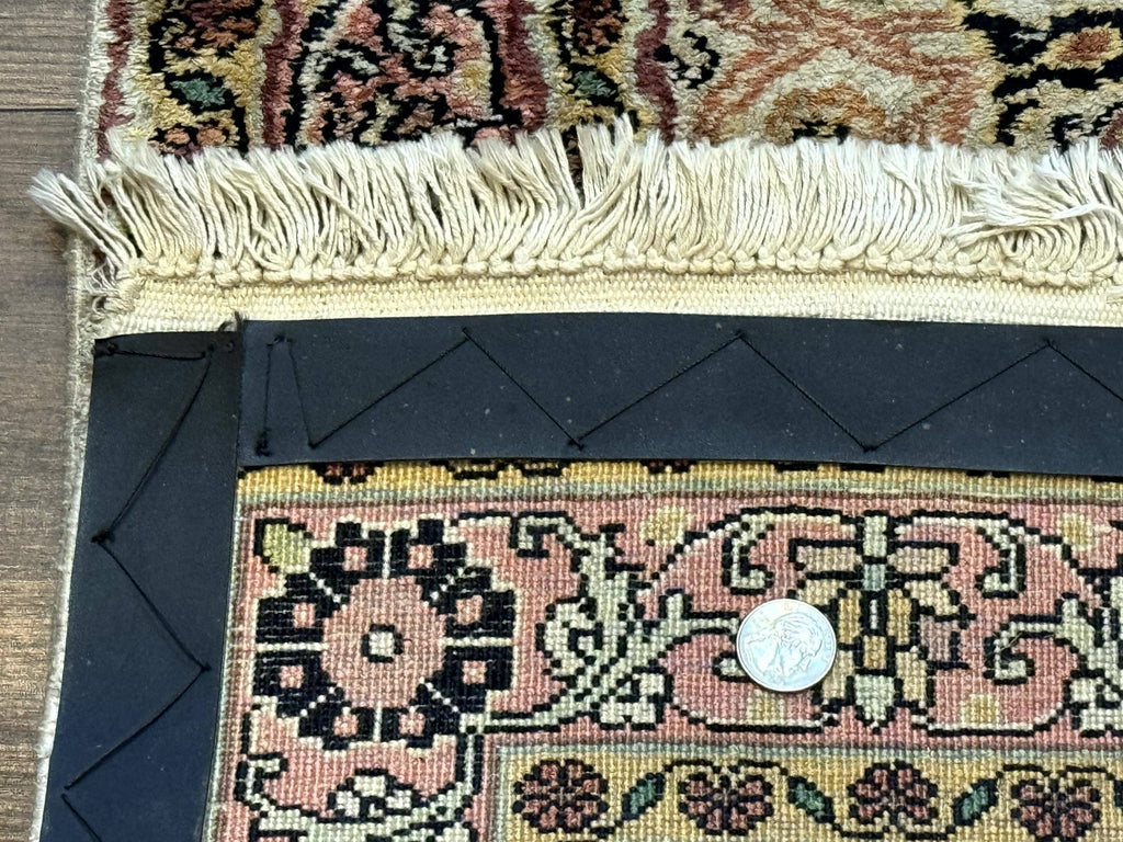 Silk Indian Kashmiri Runner Rug 2.7 x 9.8, Floral Medallions