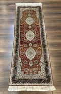 Turkish Silk Narrow Runner Rug 2 x 5.8, Very Fine 340 KPSI, Floral Medallions, Red