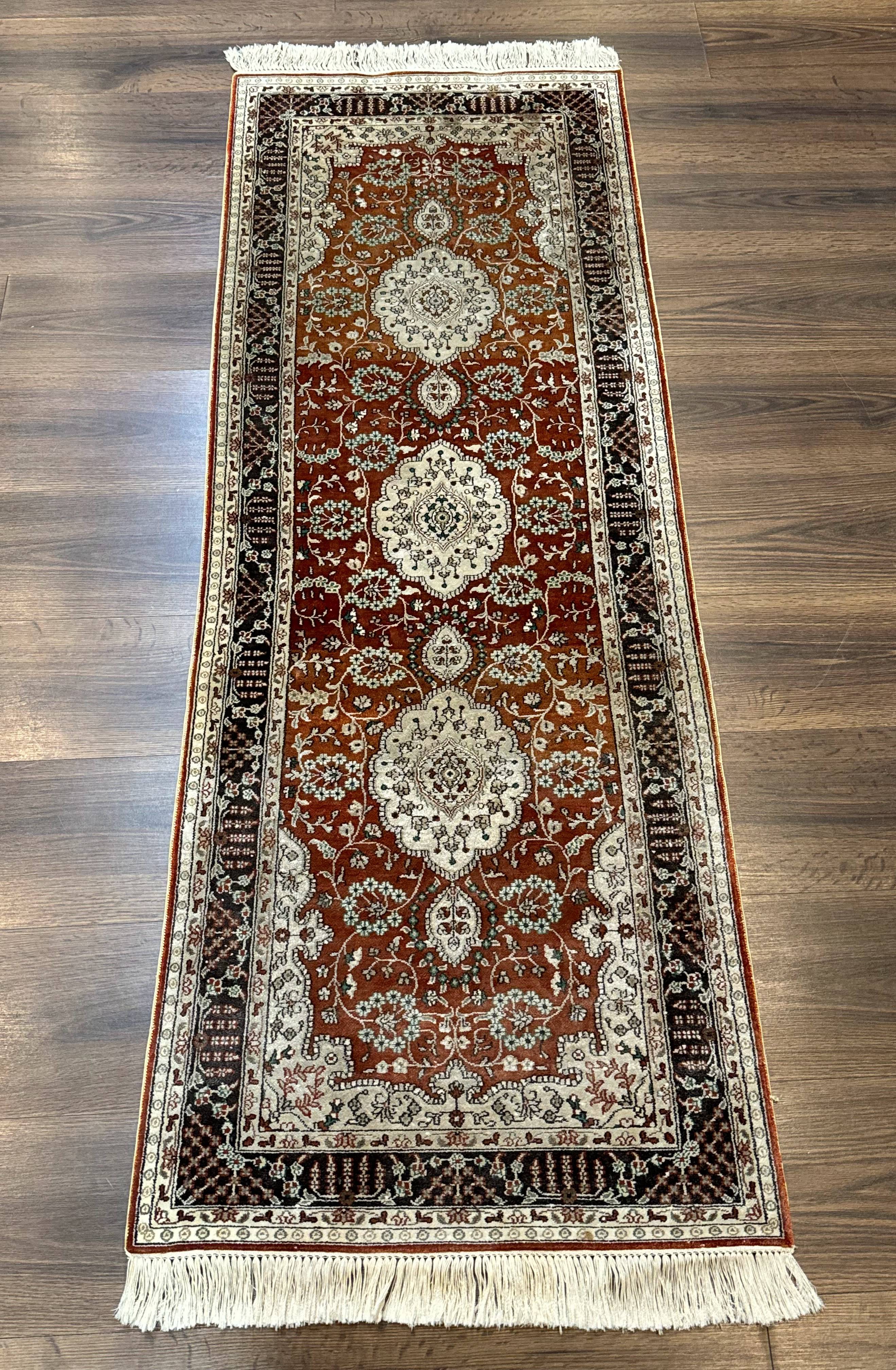 Turkish Silk Narrow Runner Rug 2 x 5.8, Very Fine 340 KPSI, Floral Medallions, Red