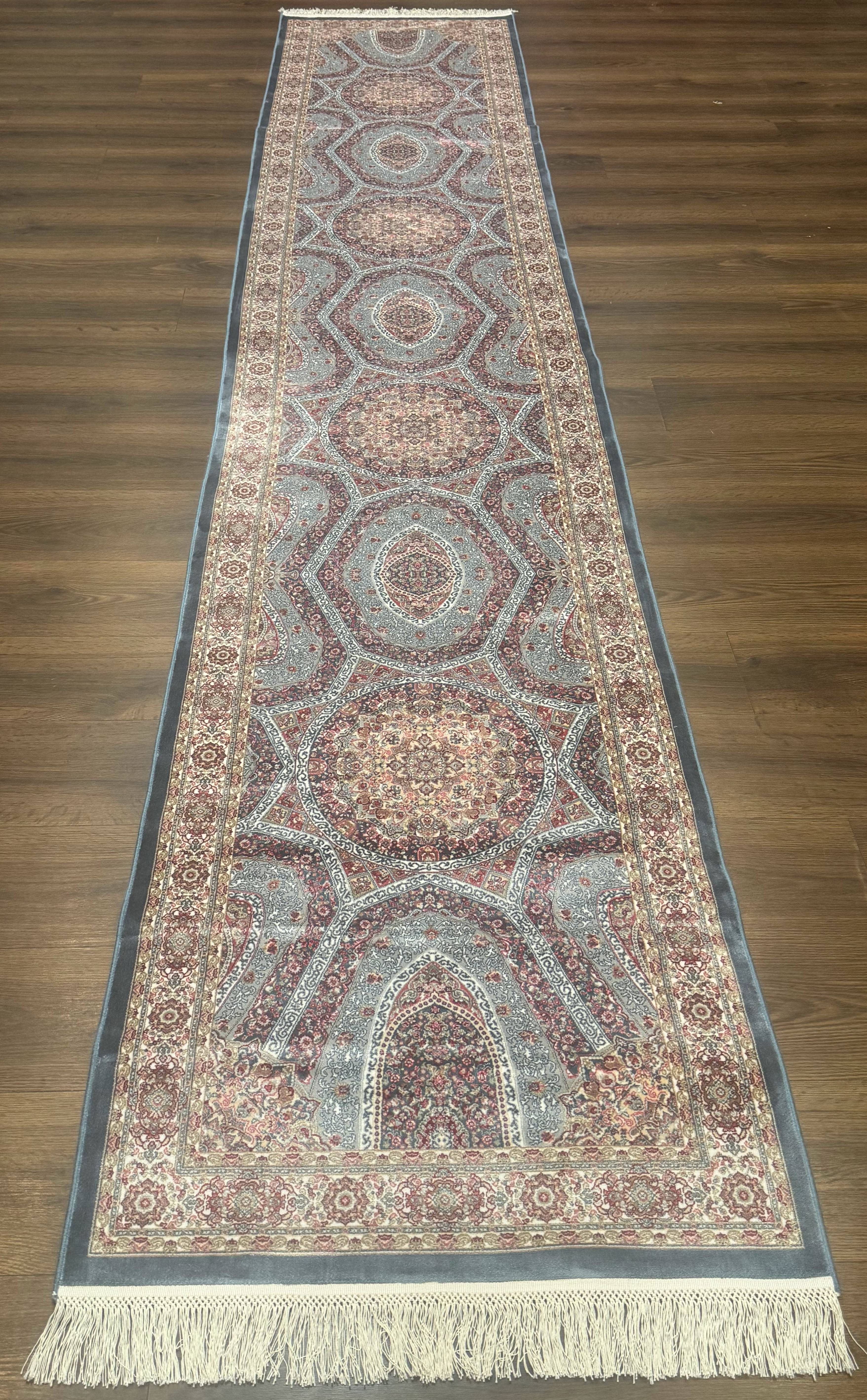 Turkish Silk Runner Rug 2.6 x 13, Blue Runner Rug, Dome Design, Bamboo Silk, New