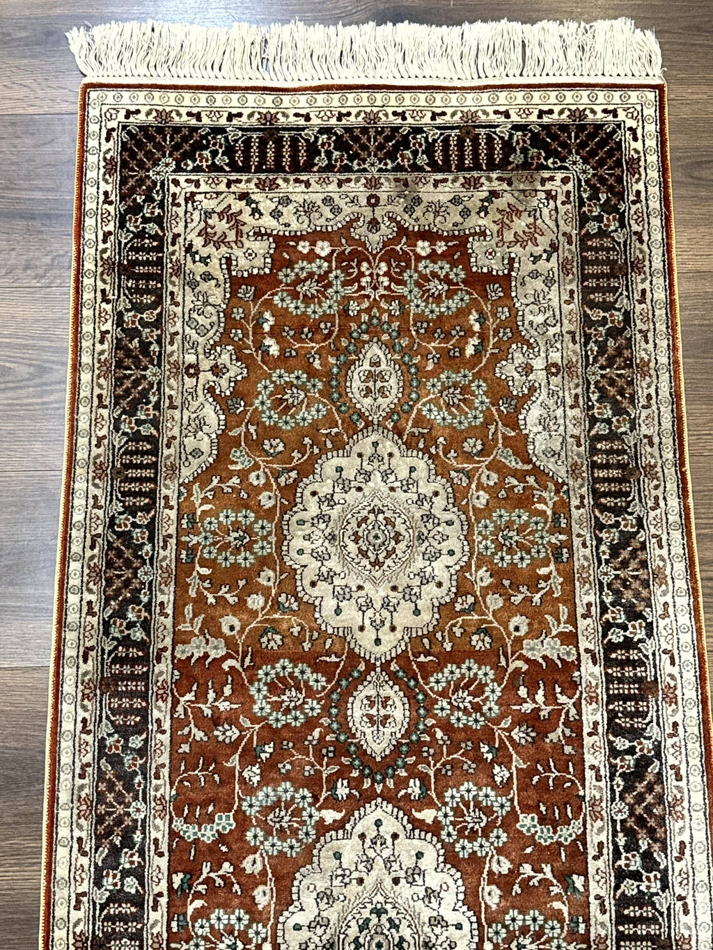 Turkish Silk Narrow Runner Rug 2 x 5.8, Very Fine 340 KPSI, Floral Medallions, Red