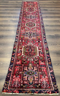Persian Heriz Karajeh Runner Rug 2x9, Geometric Medallions, Red Navy Blue, 2 x 9 Rug for Hallway