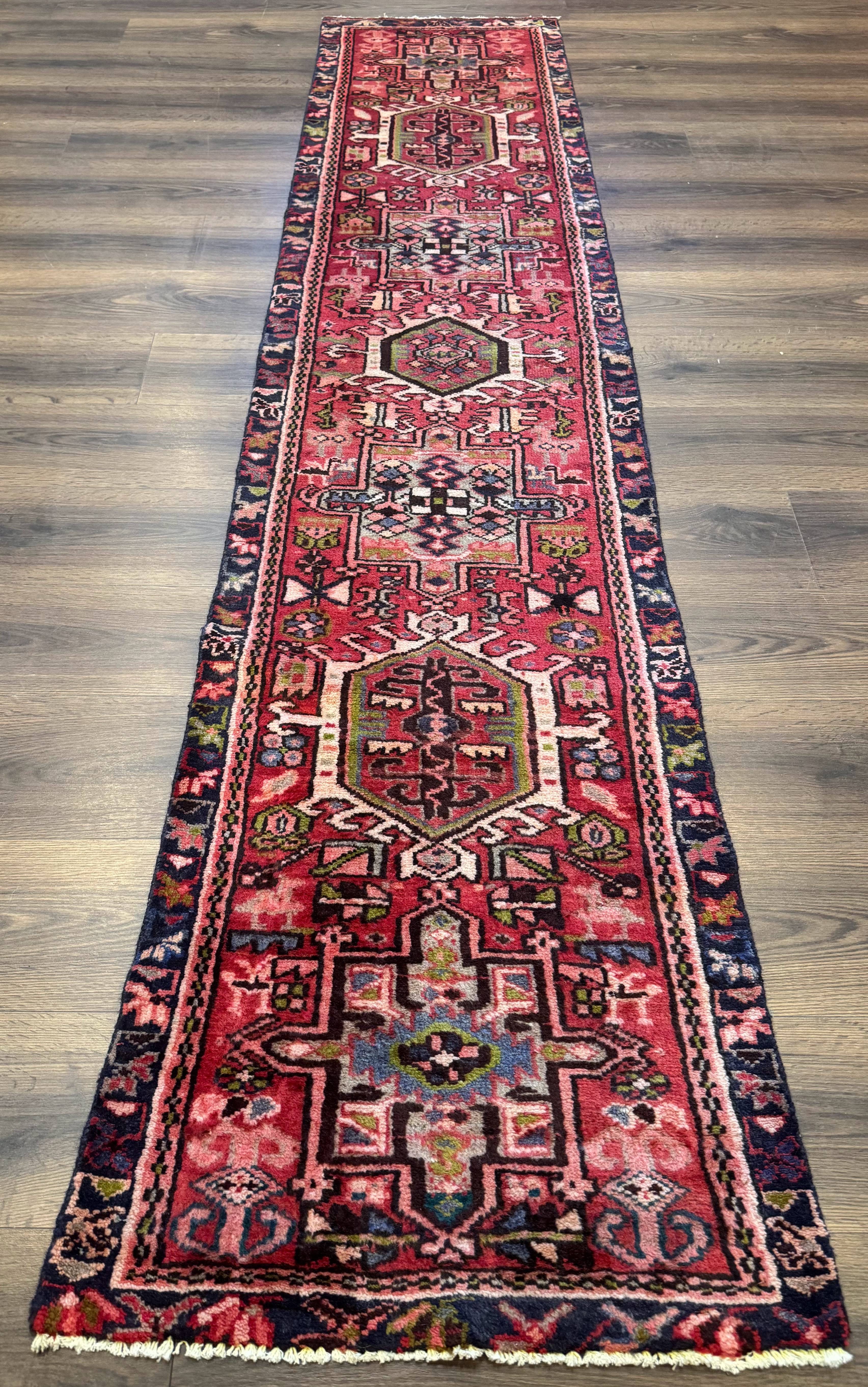 Persian Heriz Karajeh Runner Rug 2x9, Geometric Medallions, Red Navy Blue, 2 x 9 Rug for Hallway