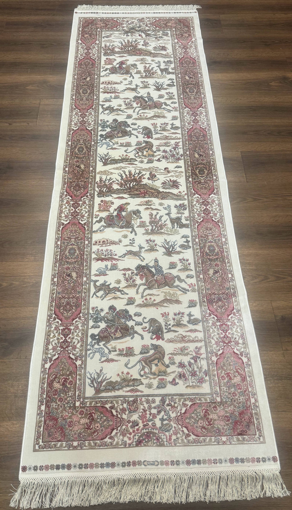 Turkish Silk Runner Rug 2.6 x 8, Hunting Design, Ivory, Bamboo Silk, New