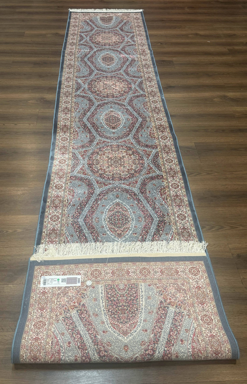 Turkish Silk Runner Rug 2.6 x 13, Blue Runner Rug, Dome Design, Bamboo Silk, New