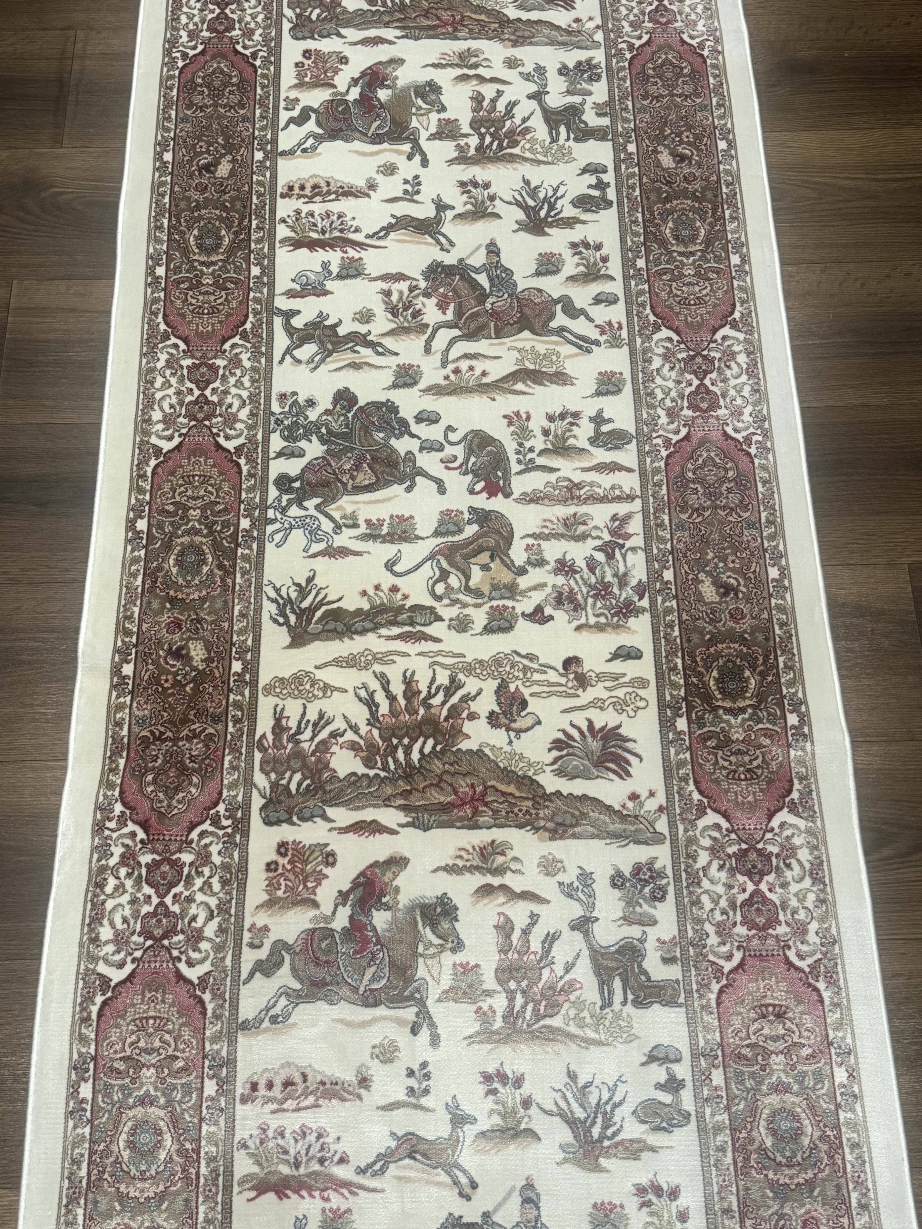 Turkish Silk Runner Rug 2.6 x 8, Hunting Design, Ivory, Bamboo Silk, New