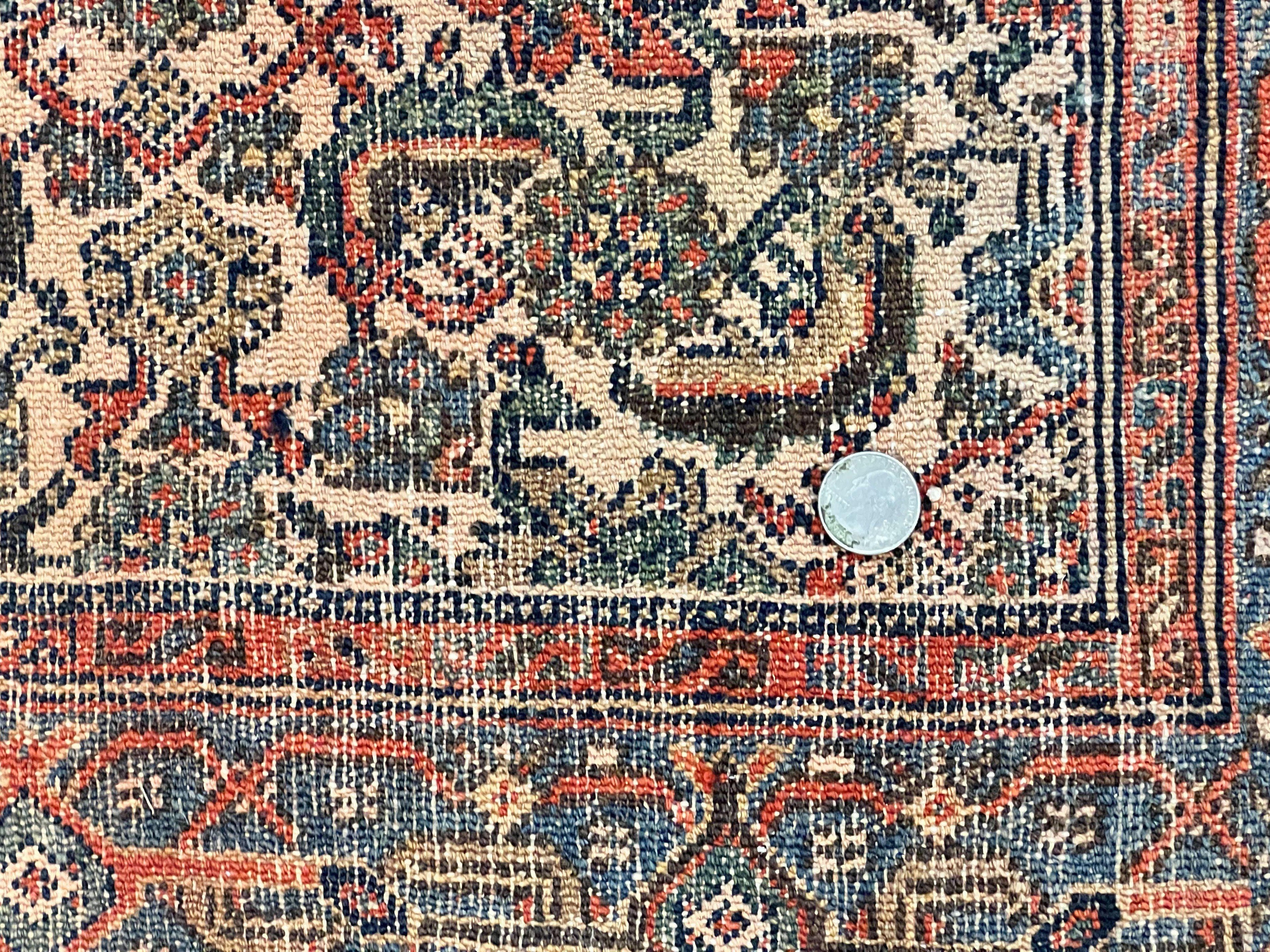 Antique Persian Runner Rug 3.7 x 15.8, Navy Blue Multicolor, Hand Knotted Handmade Wool Rug for Hallway, Geometric Medallions, Persian Hamadan Rug