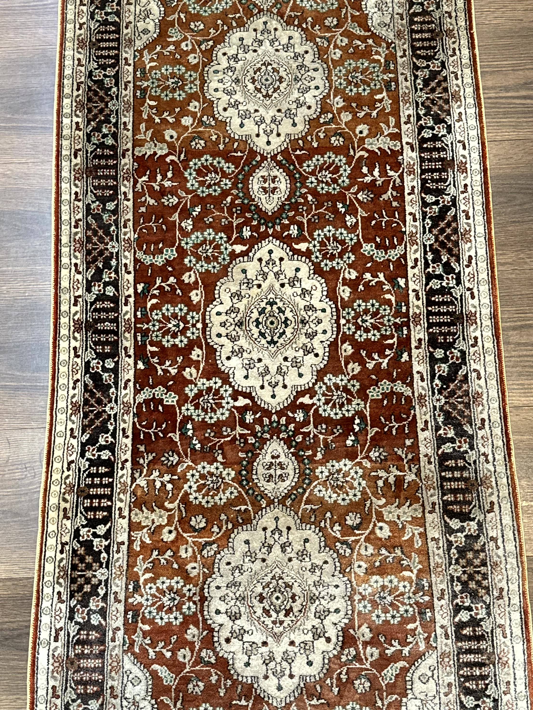 Turkish Silk Narrow Runner Rug 2 x 5.8, Very Fine 340 KPSI, Floral Medallions, Red