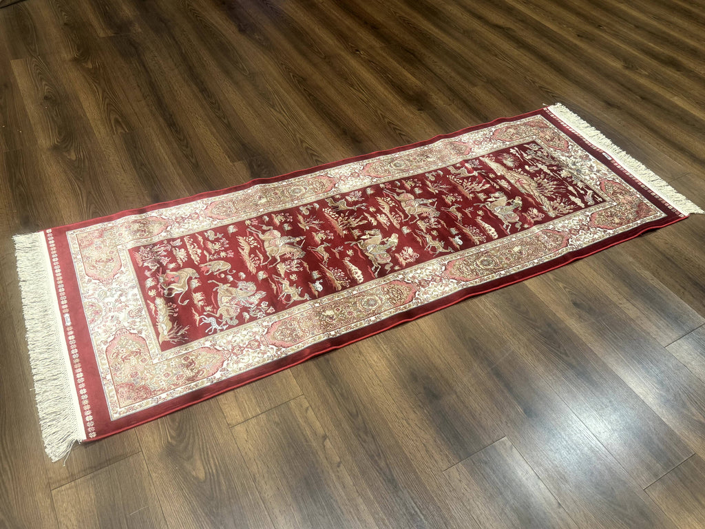 Turkish Silk Rug 2.6 x 6.7, Hunting Design, Short Runner Rug, Red & Ivory, Bamboo Silk, New
