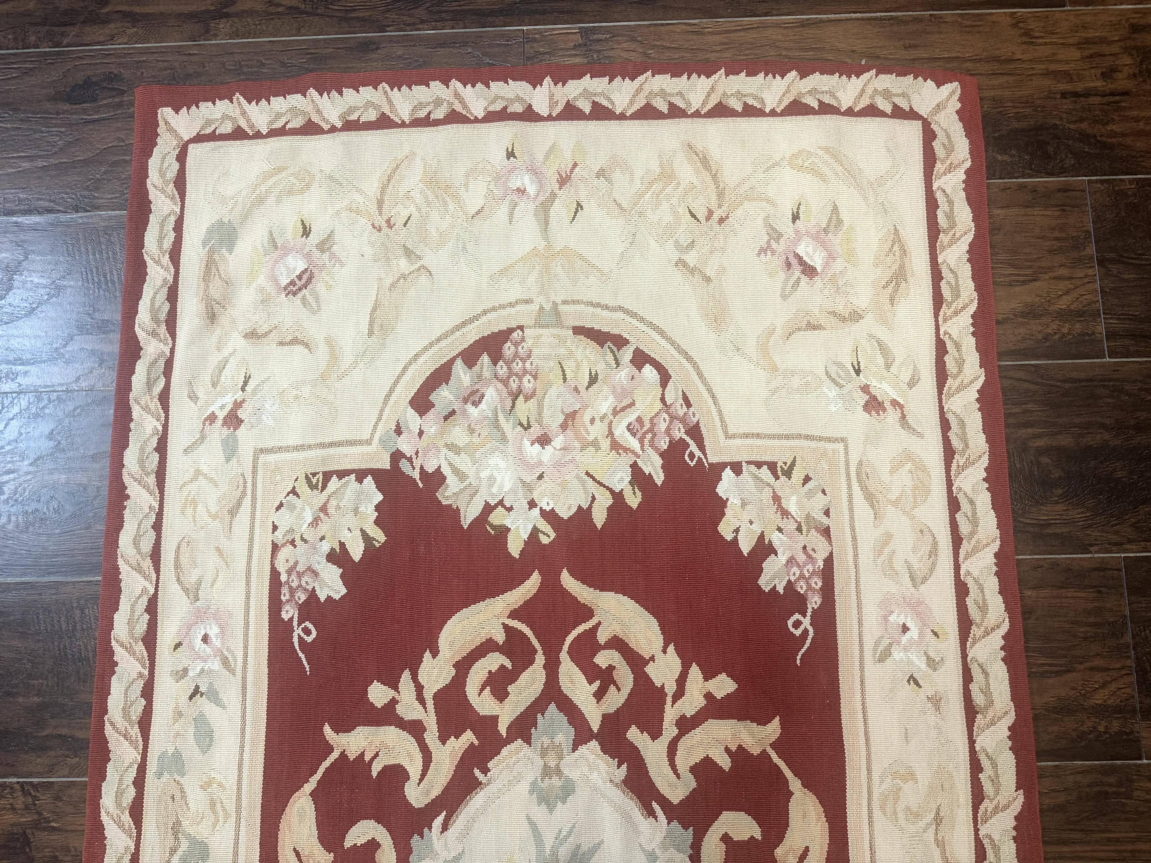 Aubusson Runner Rug 3x10, European Design, Red and Beige, Elegant, Handmade Wool Rug