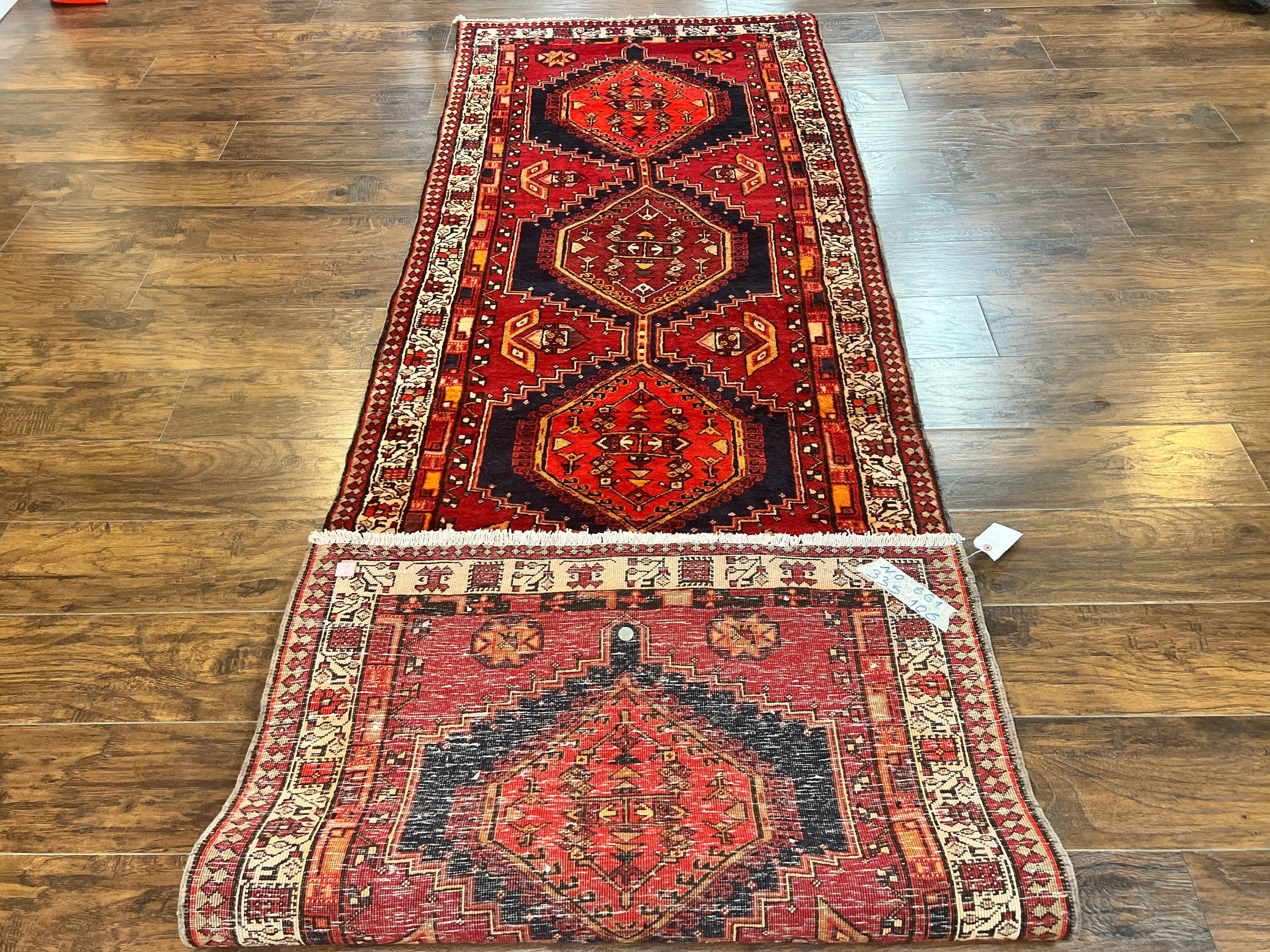 Persian Heriz Runner Rug 3.7 x 11, Persian Tribal Runner, Handmade Wool, Medallions, Geometric, Red, Antique Vintage Hand Knotted Rug