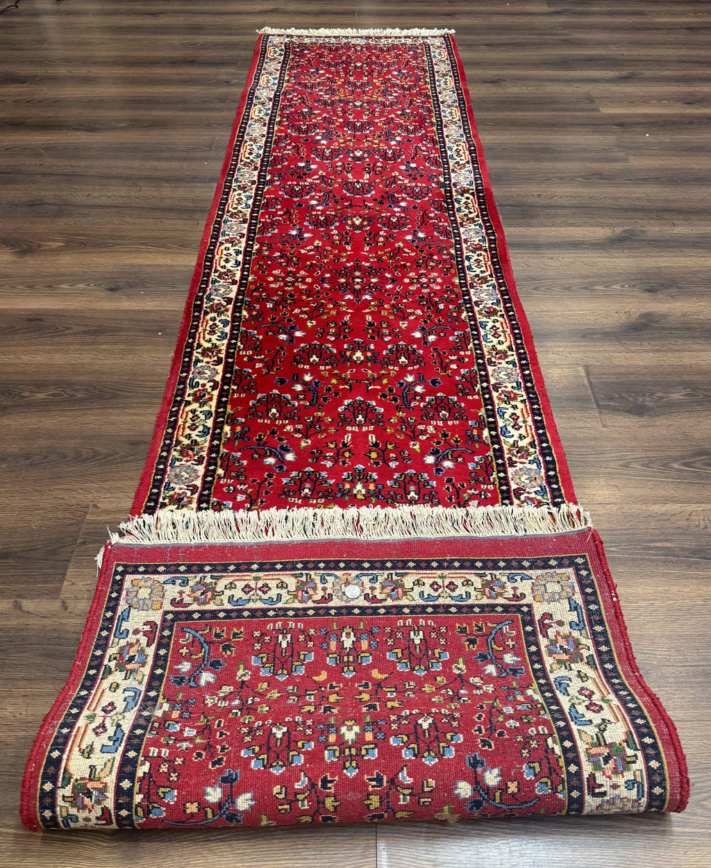 Indo Persian Sarouk Runner Rug 3 x 12, Red and Cream, Allover Pattern, 12ft Runner, Hand Knotted