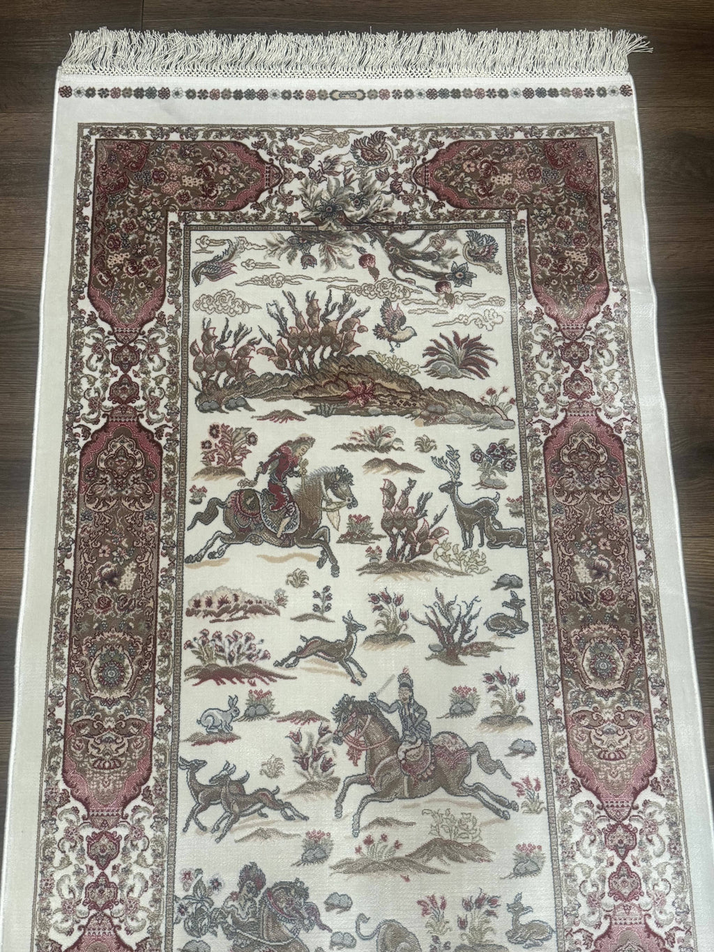 Turkish Silk Runner Rug 2.6 x 8, Hunting Design, Ivory, Bamboo Silk, New