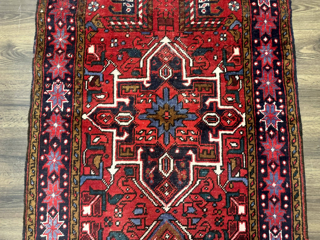 Persian Heriz Karajeh Runner Rug 3.7 x 12, Geometric Medallions, Red and Navy Blue