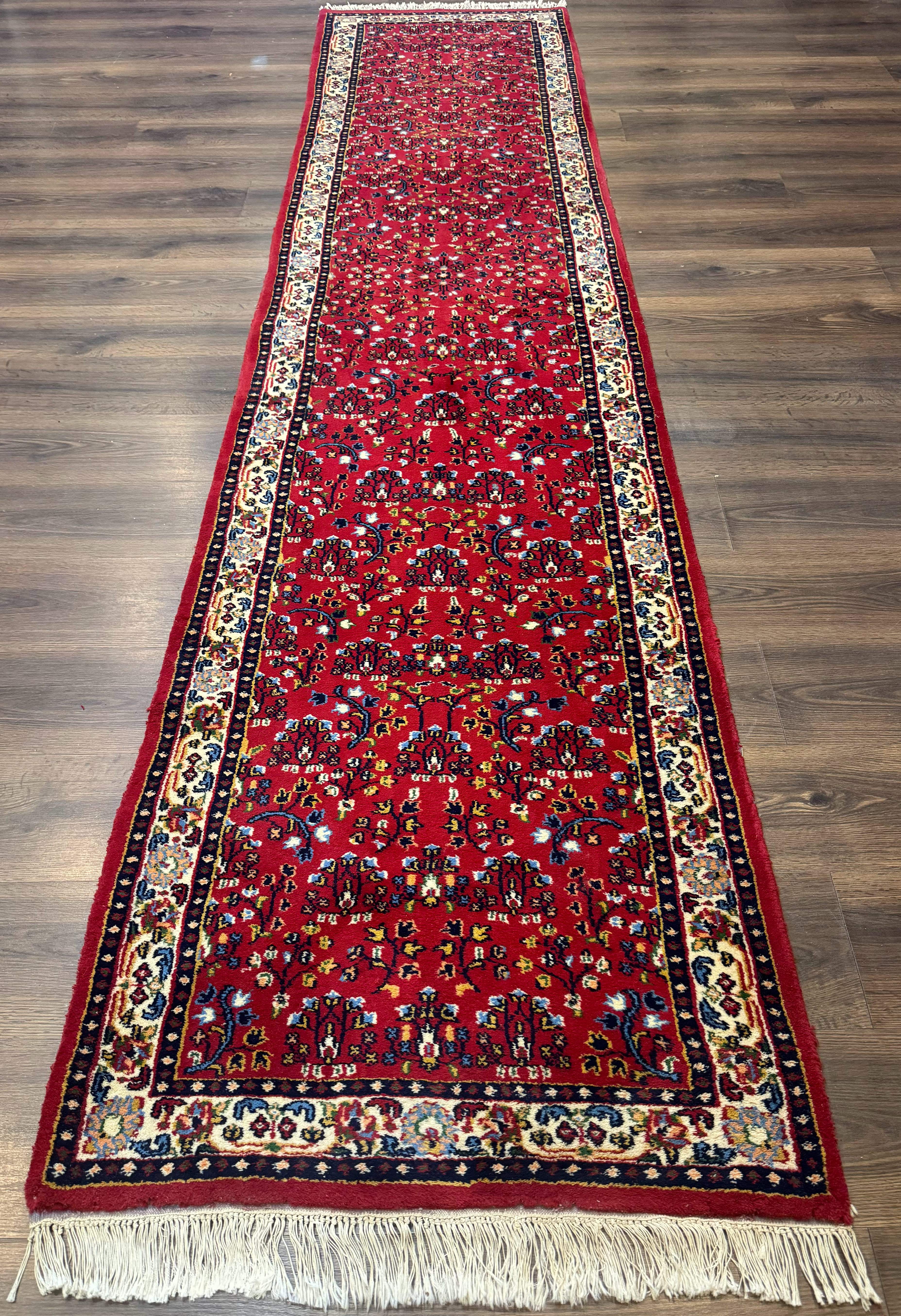 Indo Persian Sarouk Runner Rug 3 x 12, Red and Cream, Allover Pattern, 12ft Runner, Hand Knotted