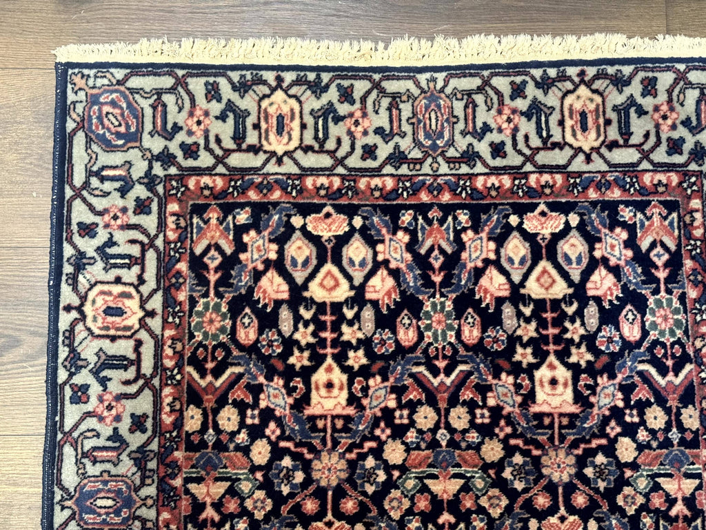 Indo Persian Runner Rug 2.8 x 12, Navy Blue, Floral, Fine 270 KPSI