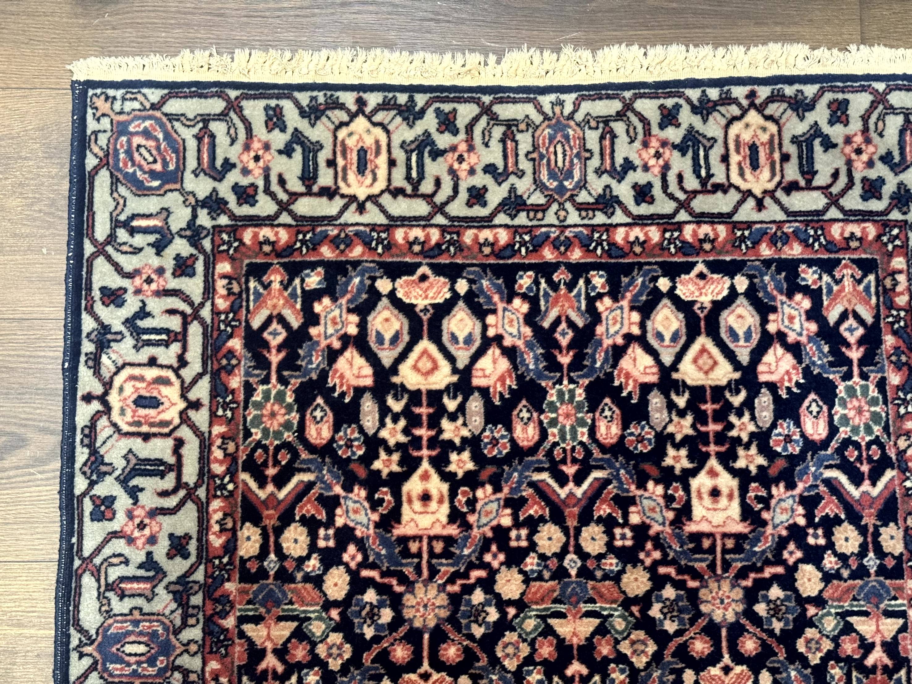 Indo Persian Runner Rug 2.8 x 12, Navy Blue, Floral, Fine 270 KPSI