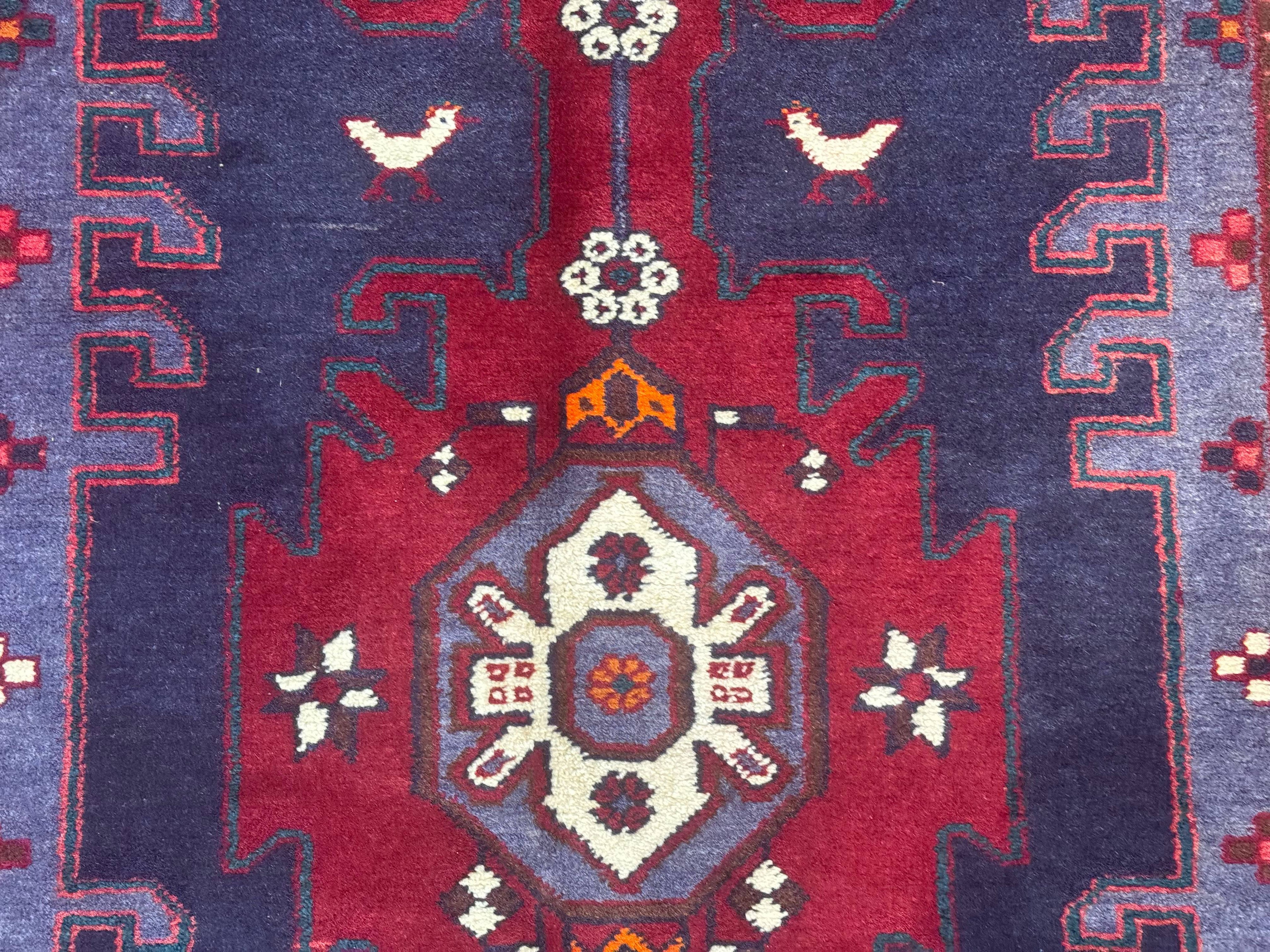 Persian Karajeh Runner Rug 3.6 x 9.5, Geometric Medallions, Tribal Village Rug, Navy Blue, Handmade