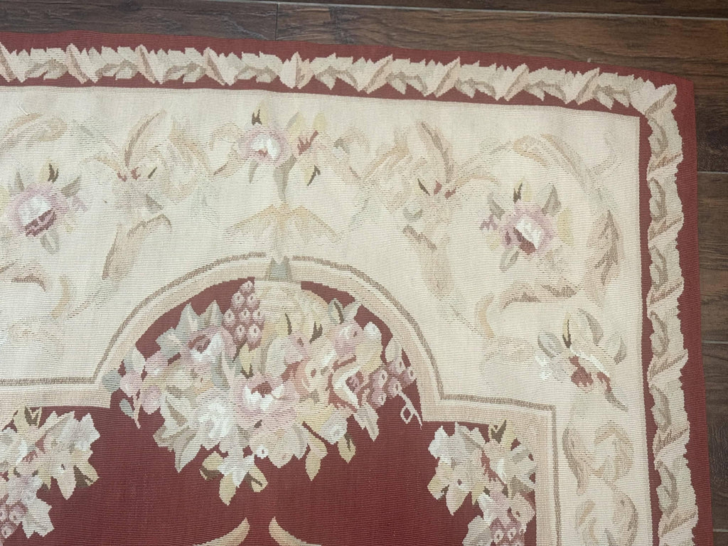 Aubusson Runner Rug 3x10, European Design, Red and Beige, Elegant, Handmade Wool Rug