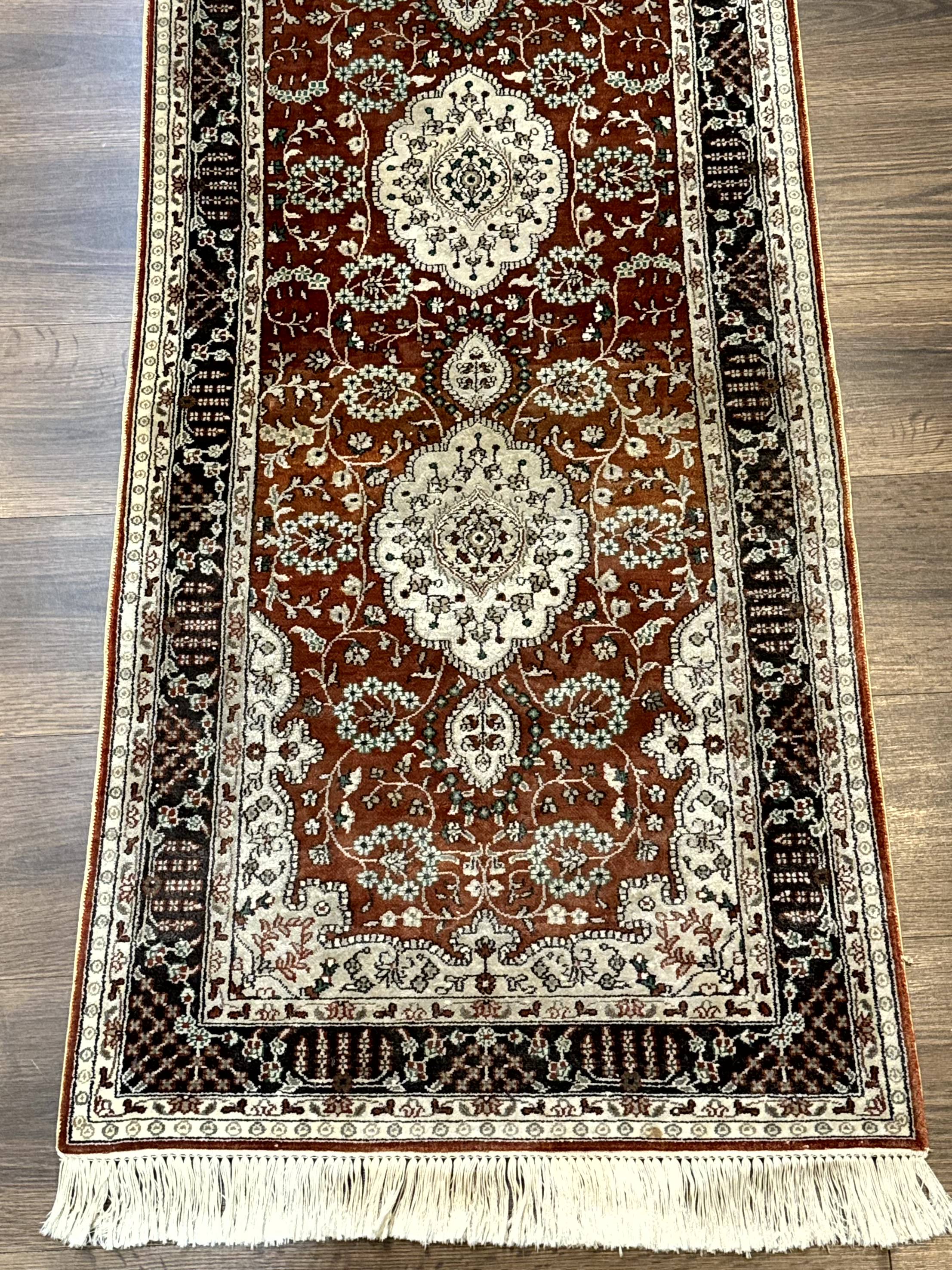 Turkish Silk Narrow Runner Rug 2 x 5.8, Very Fine 340 KPSI, Floral Medallions, Red