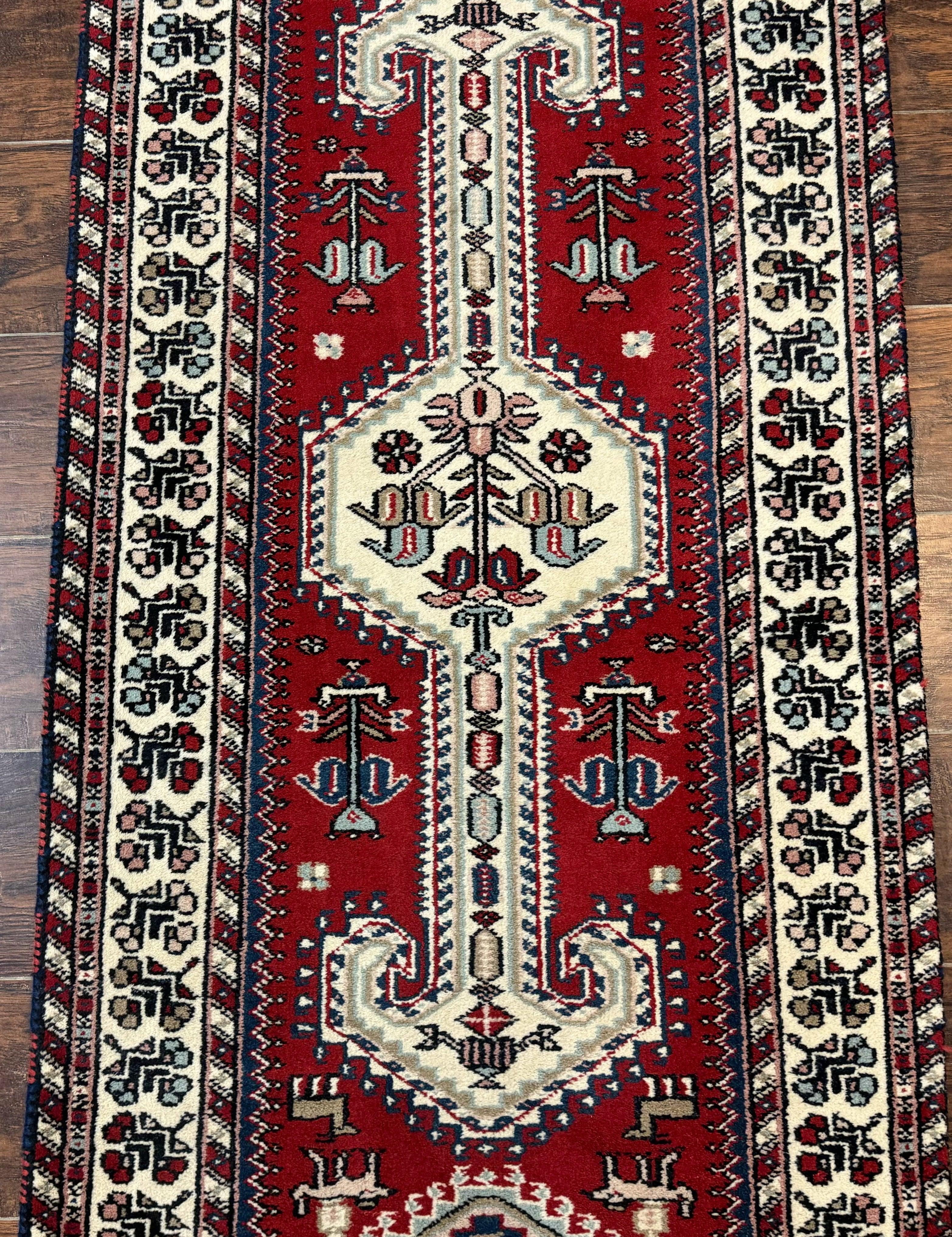 Indo Persian Runner Rug 2.6 x 12, Heriz Geometric Caucasian Design, Animal Pictorials, Tribal Runner Rug, Vintage Handmade Wool Red