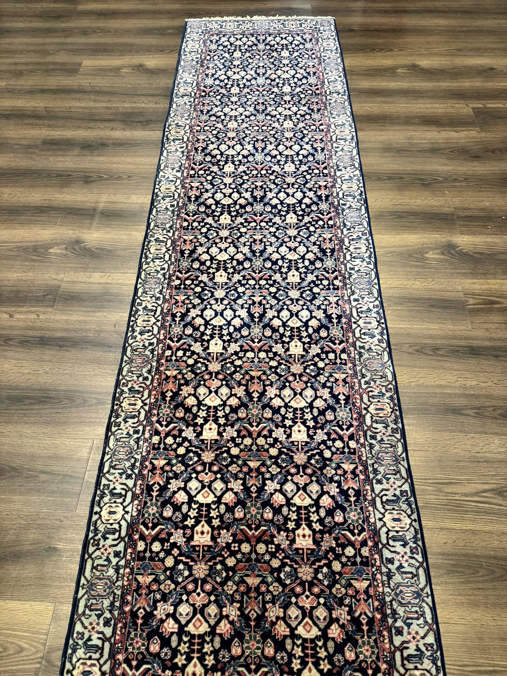 Indo Persian Runner Rug 2.8 x 12, Navy Blue, Floral, Fine 270 KPSI