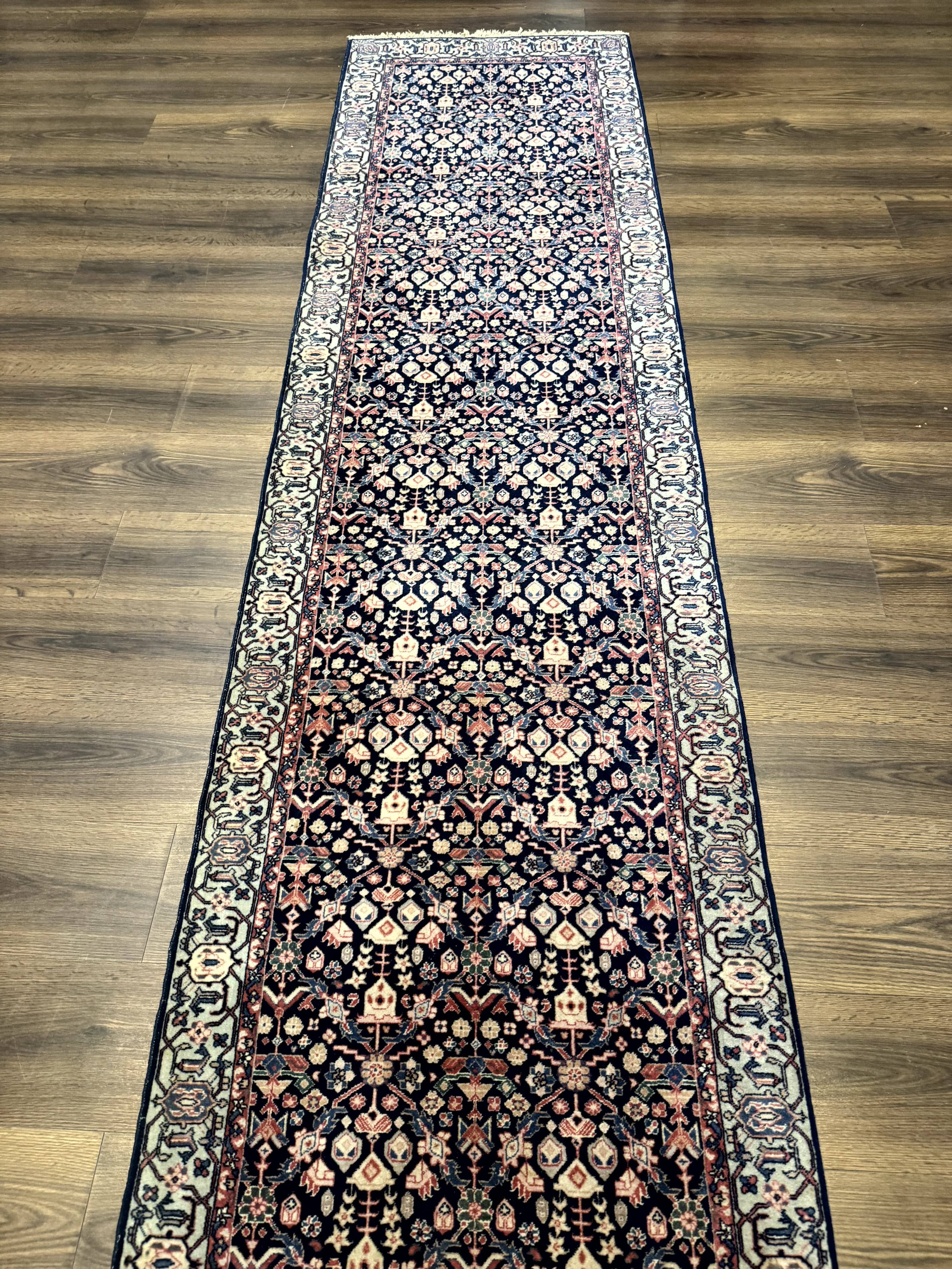 Indo Persian Runner Rug 2.8 x 12, Navy Blue, Floral, Fine 270 KPSI