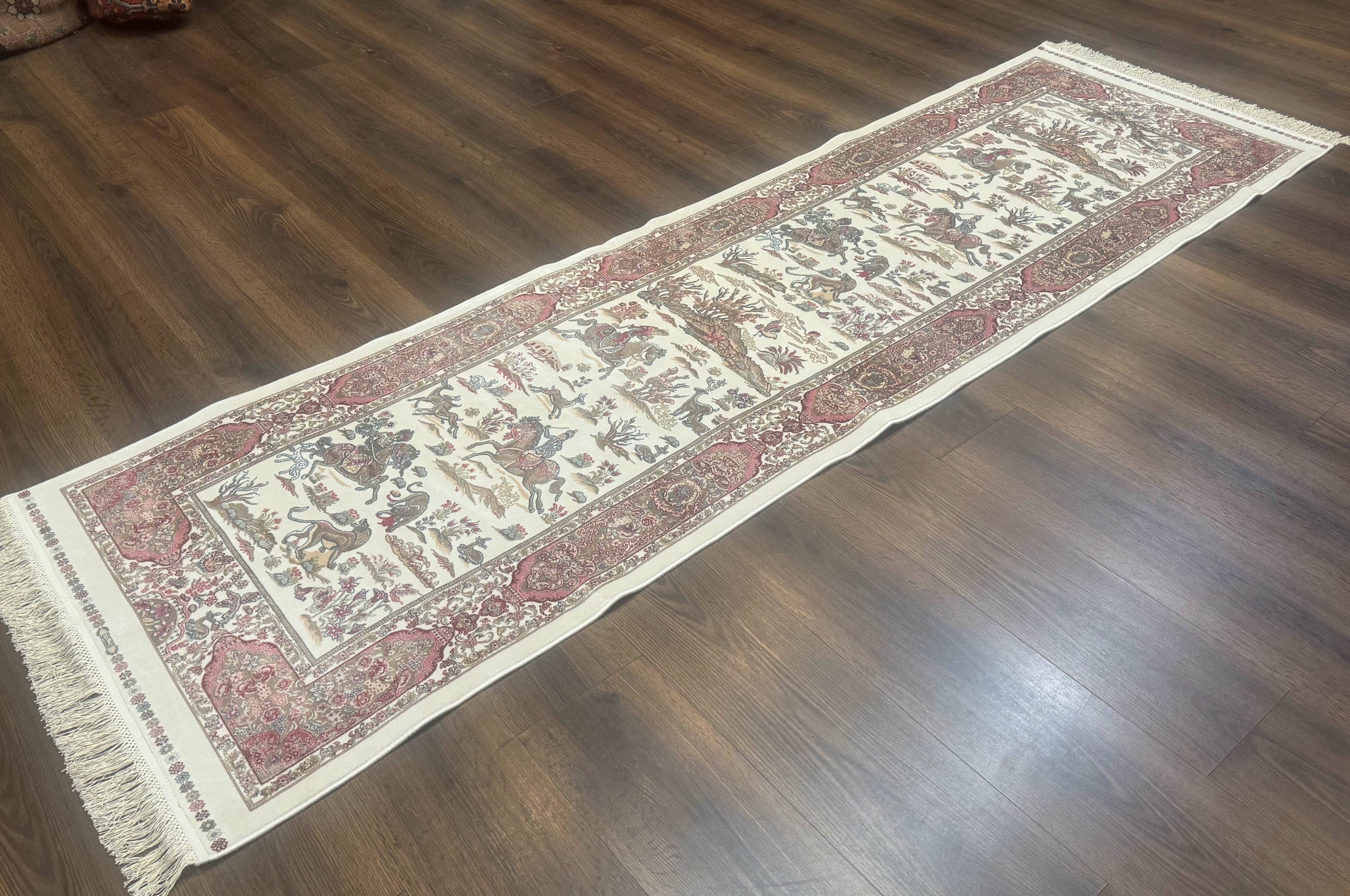 Turkish Silk Runner Rug 2.6 x 8, Hunting Design, Ivory, Bamboo Silk, New