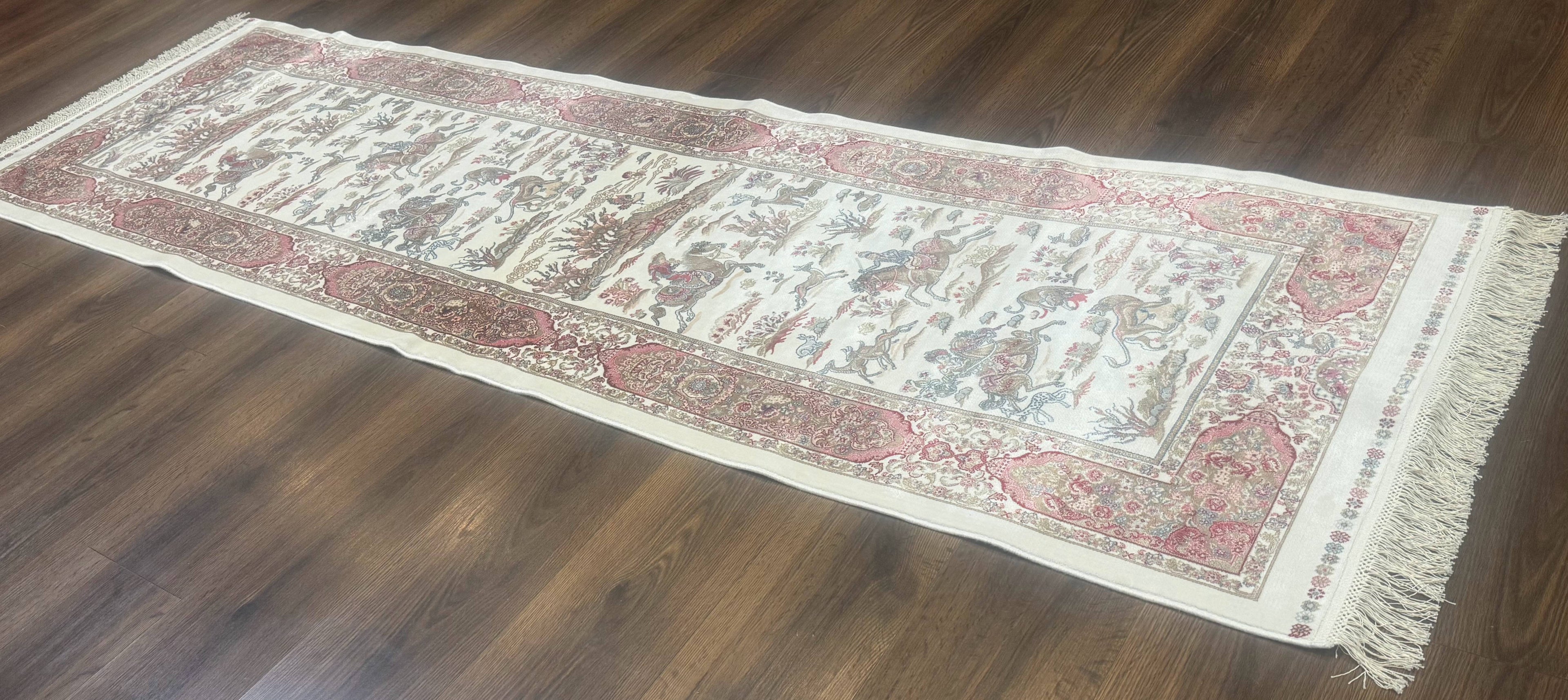 Turkish Silk Runner Rug 2.6 x 8, Hunting Design, Ivory, Bamboo Silk, New