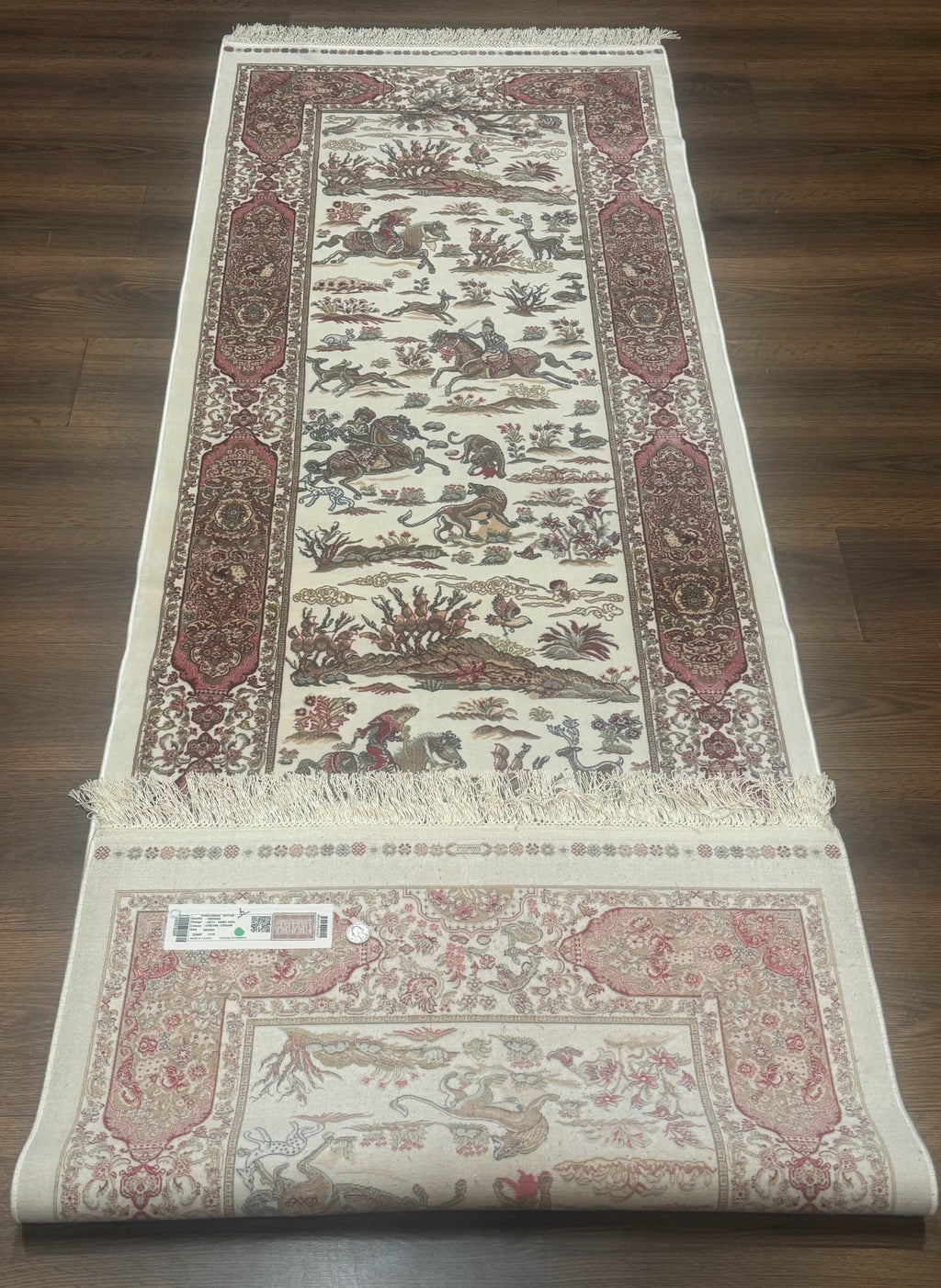 Turkish Silk Runner Rug 2.6 x 8, Hunting Design, Ivory, Bamboo Silk, New