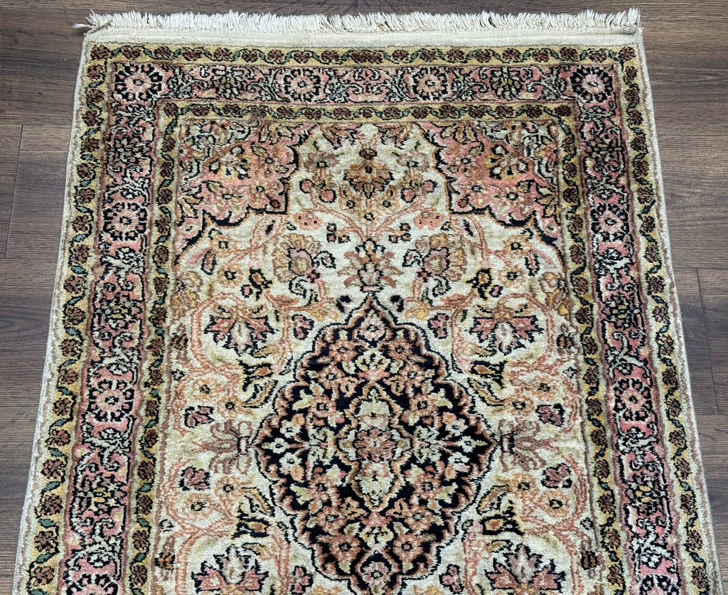 Silk Indian Kashmiri Runner Rug 2.7 x 9.8, Floral Medallions