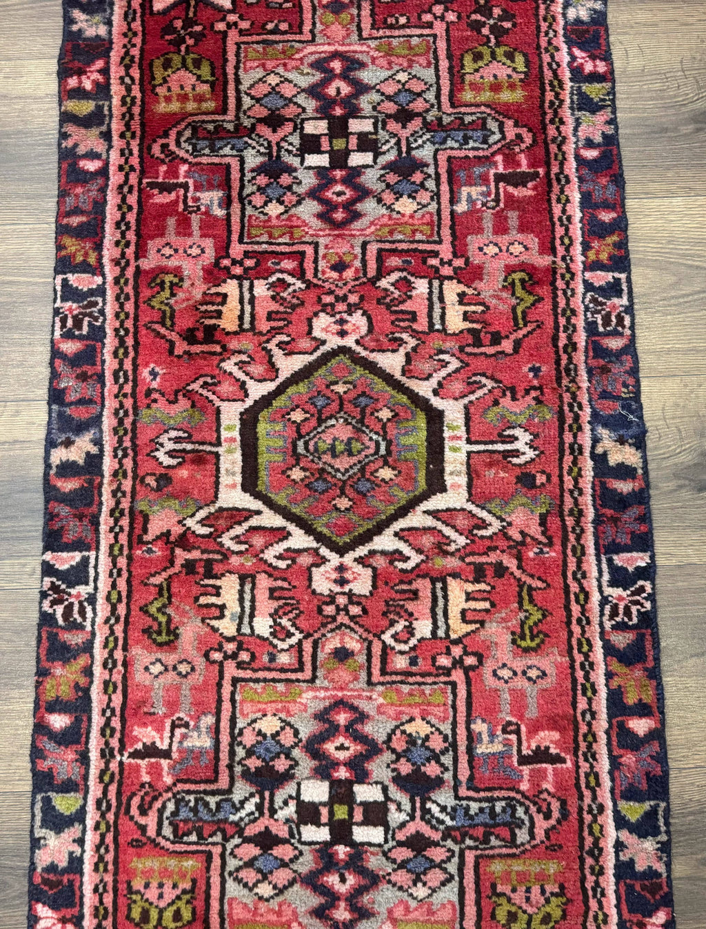 Persian Heriz Karajeh Runner Rug 2x9, Geometric Medallions, Red Navy Blue, 2 x 9 Rug for Hallway