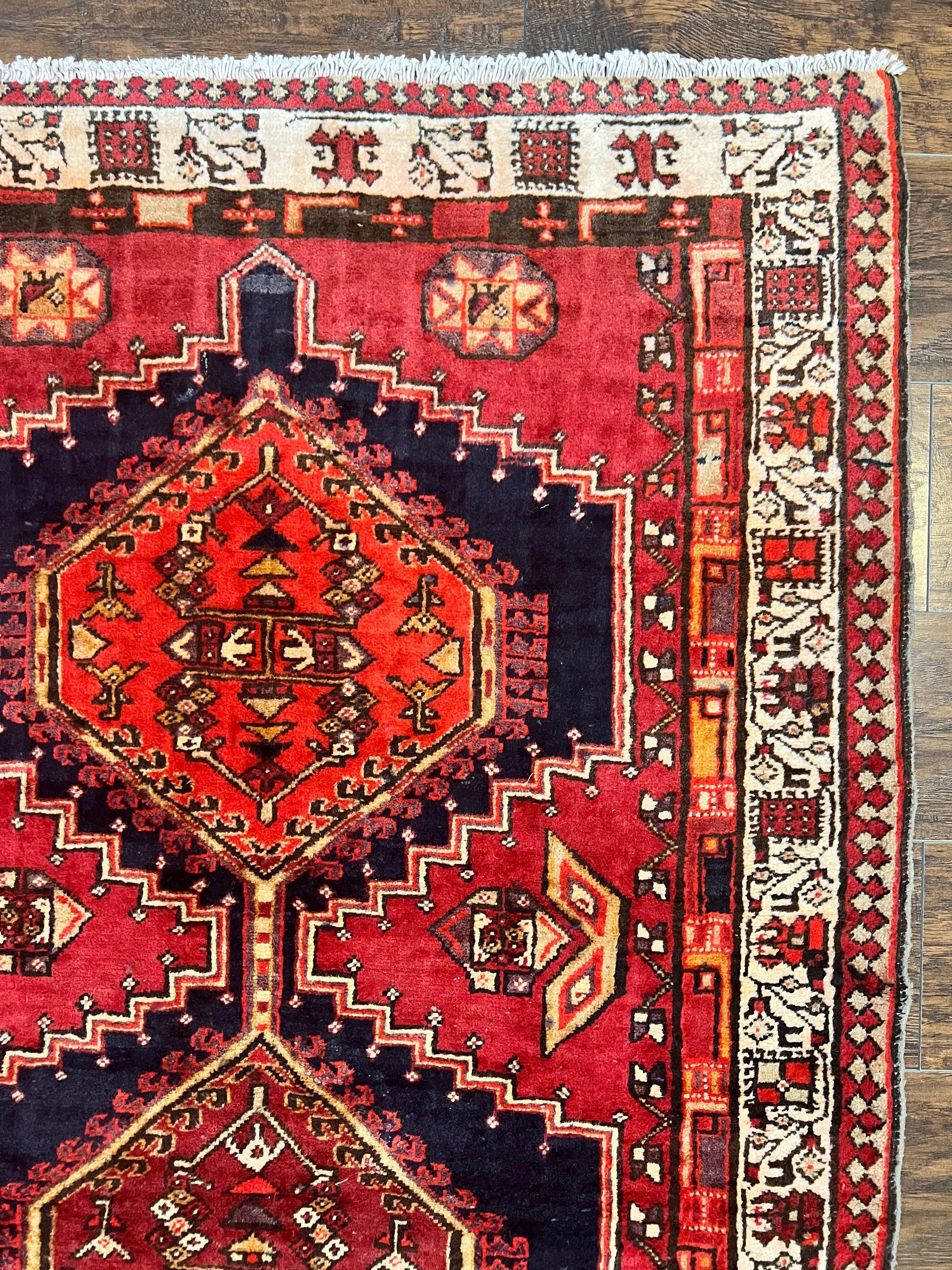 Persian Heriz Runner Rug 3.7 x 11, Persian Tribal Runner, Handmade Wool, Medallions, Geometric, Red, Antique Vintage Hand Knotted Rug