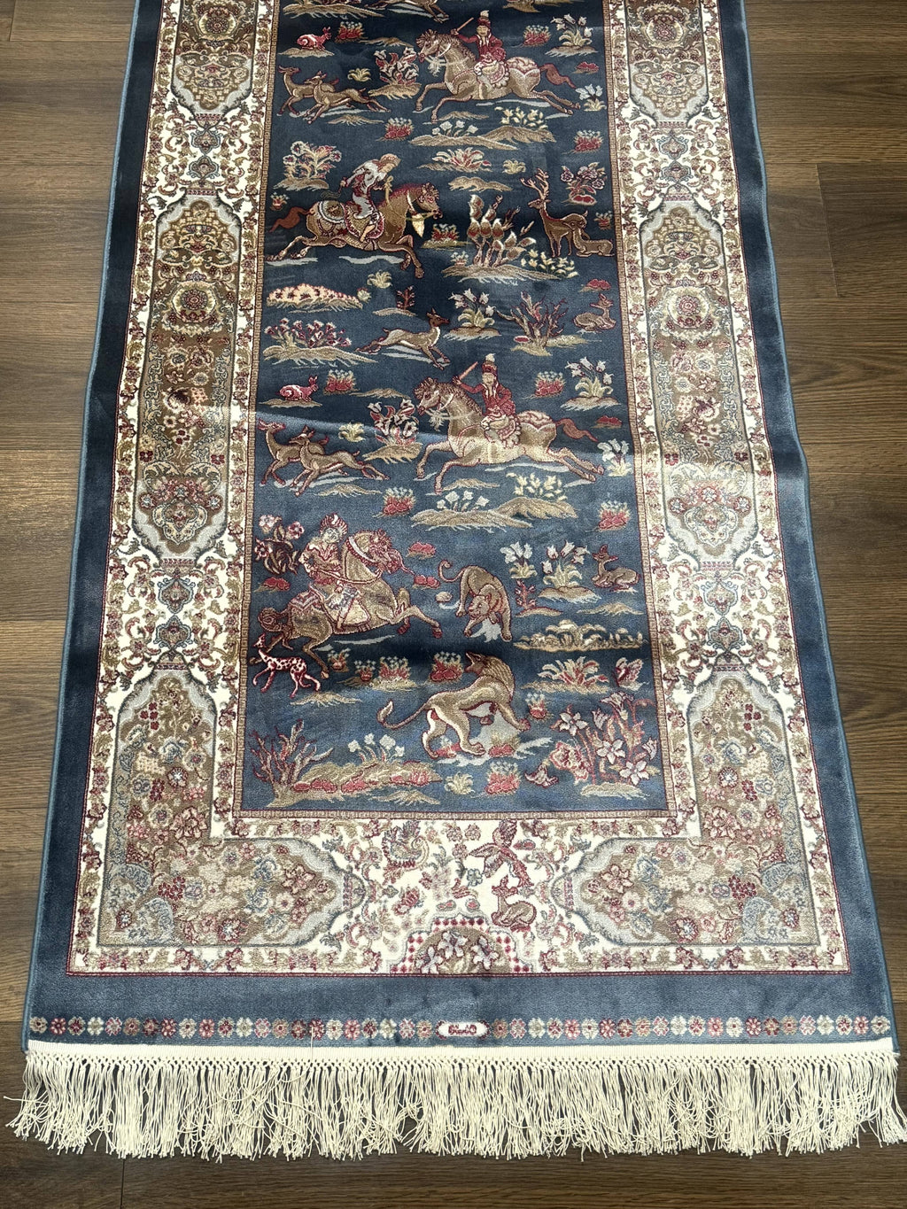 Turkish Silk Rug 2.6 x 6.7, Short Runner Rug, Blue & Ivory, Bamboo Silk, New