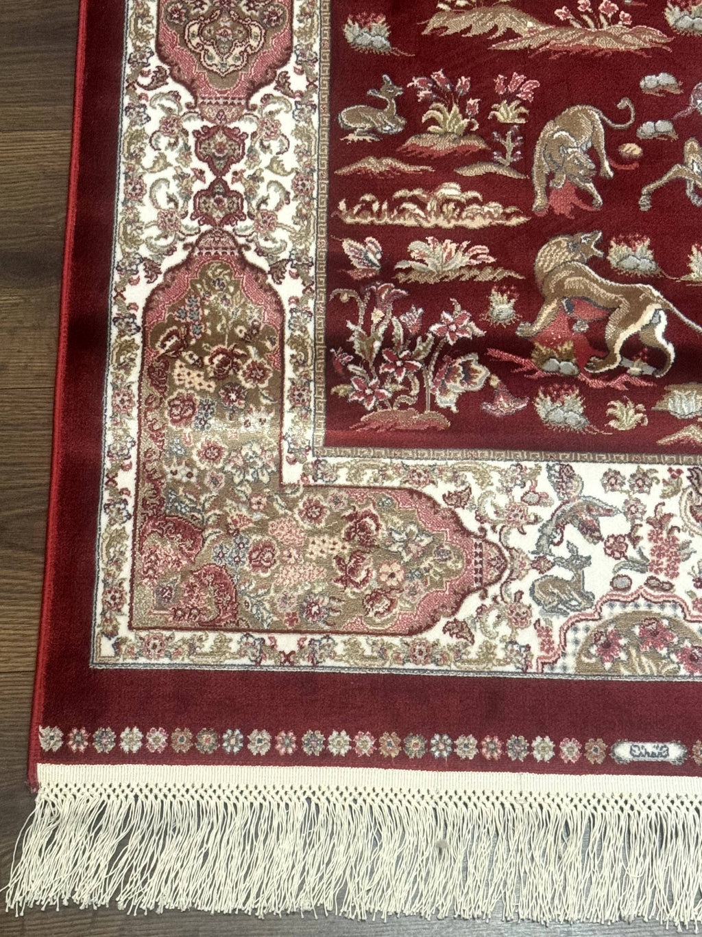 Turkish Silk Rug 2.6 x 6.7, Hunting Design, Short Runner Rug, Red & Ivory, Bamboo Silk, New